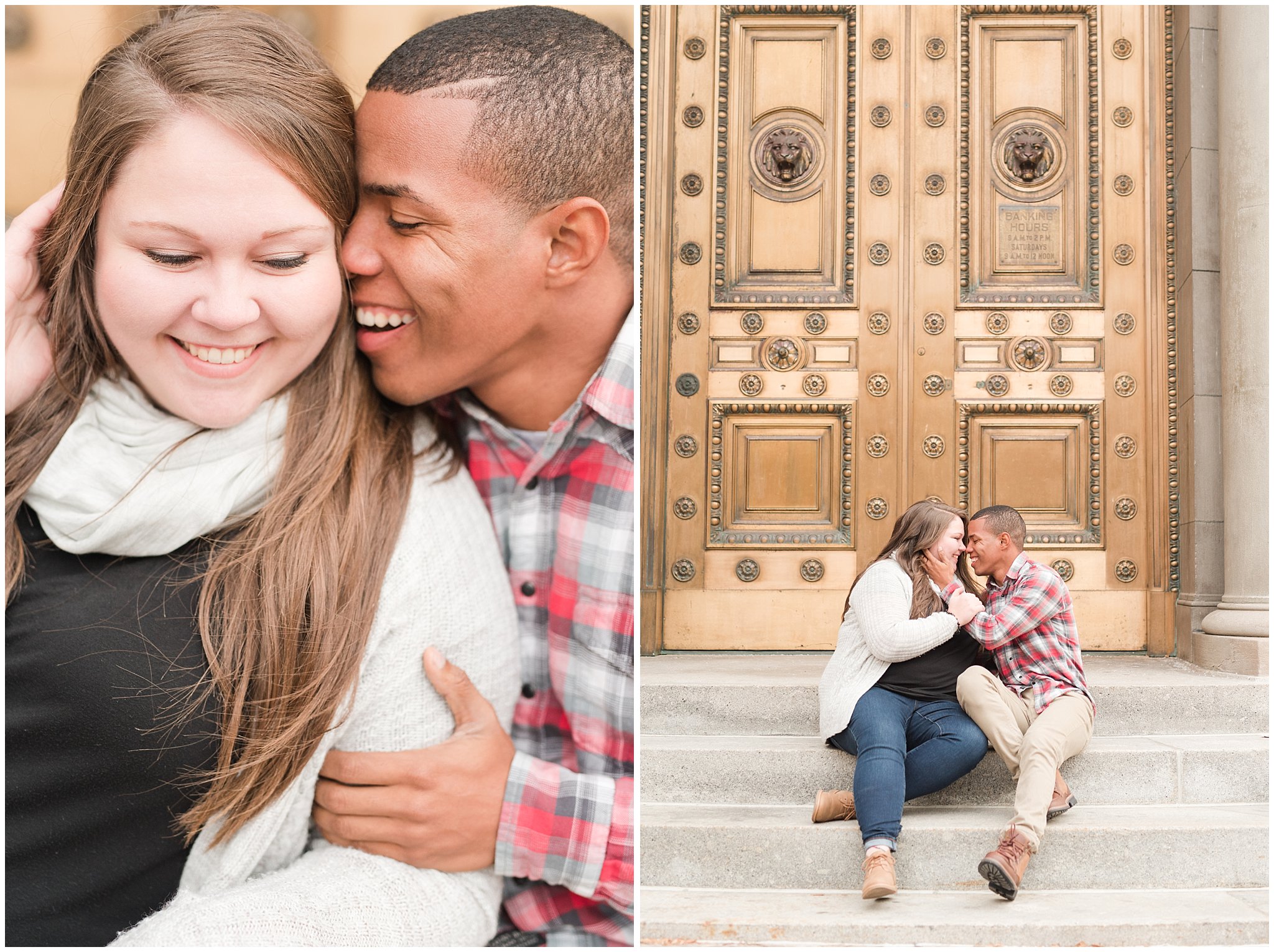 Engagement photos with a couple dressed warm for winter in downtown Salt Lake surrounded by buildings and skyscrapers | Mueller Park and Downtown Winter Engagement Session | Jessie and Dallin Photography