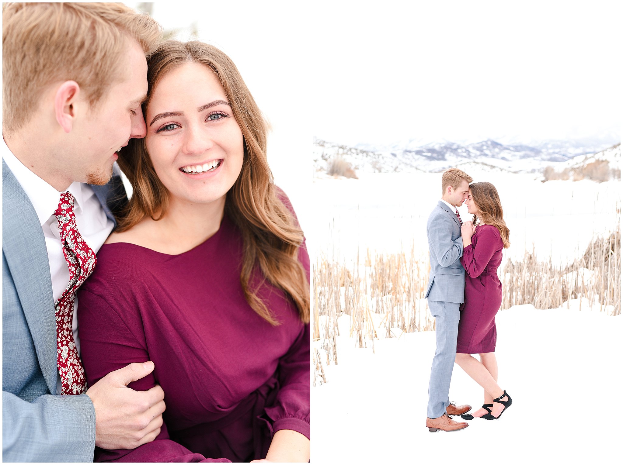 Couple dressed up in wine colored dress and light blue suit in the snowy Utah mountains | Mountain Green Winter Engagement | Jessie and Dallin Photography