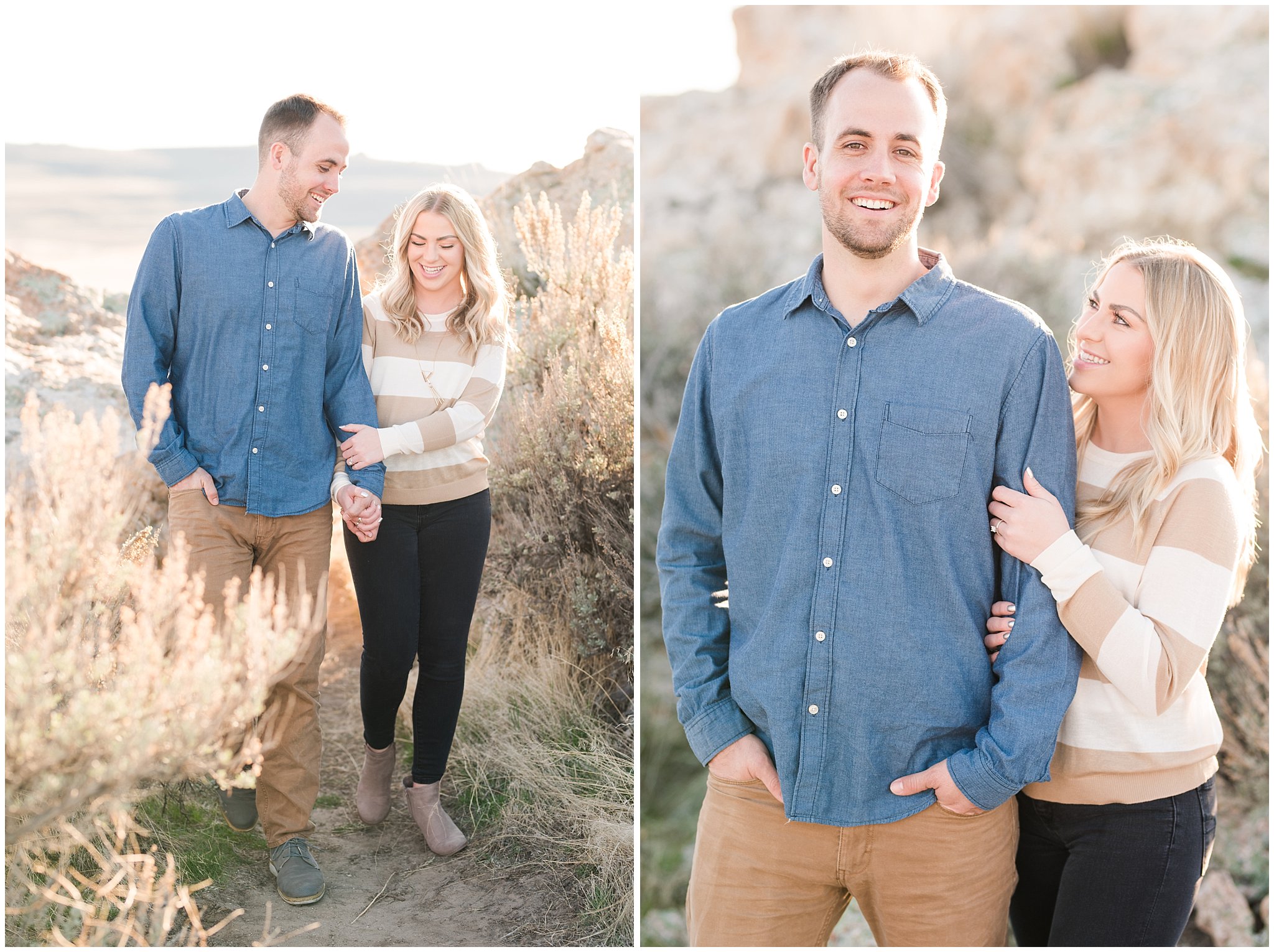 Couple in casual camel and navy blue outfits in a rocky desert landscape for engagements | Antelope Island Spring Engagement | Jessie and Dallin Photography
