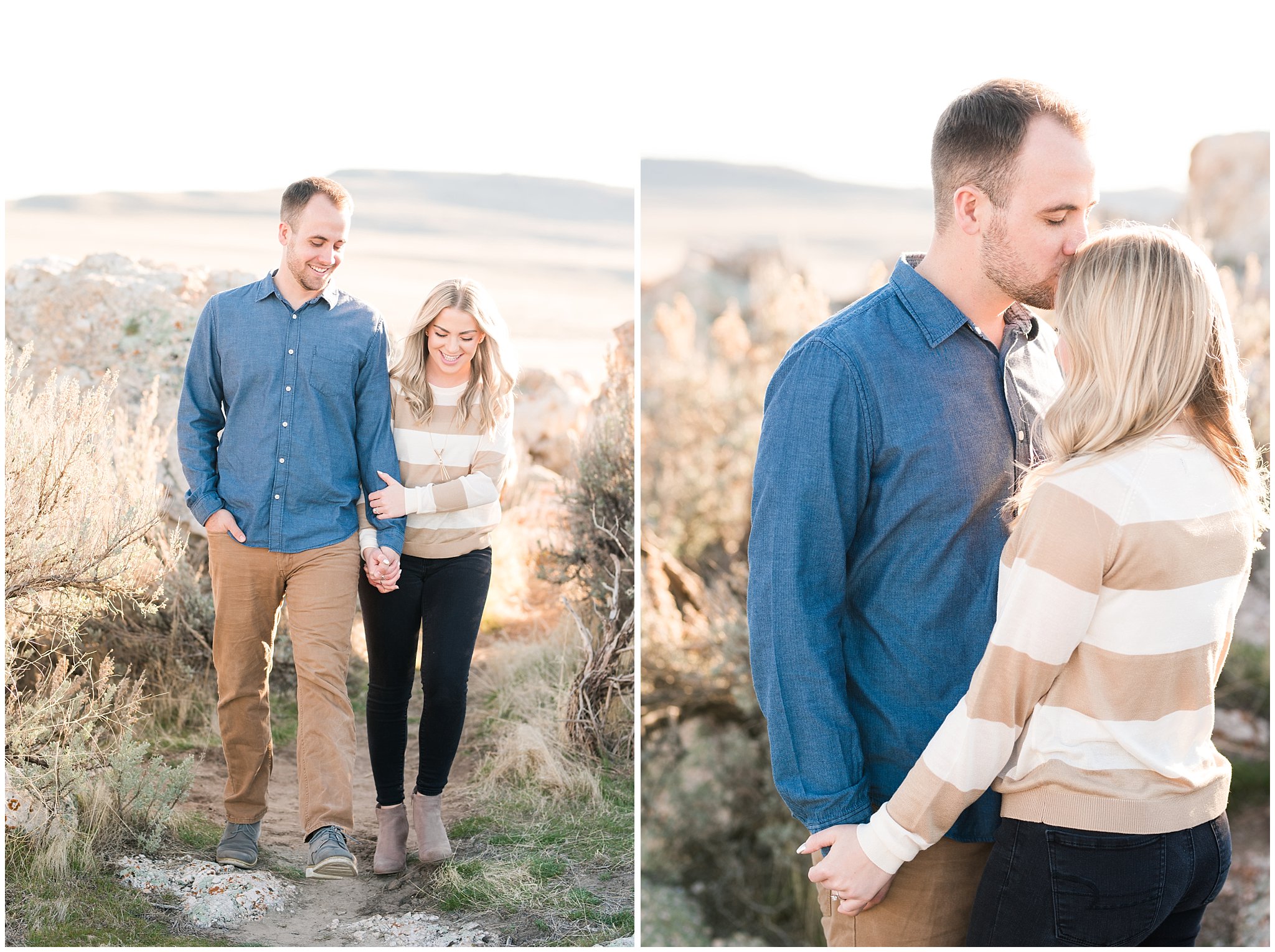 Couple in casual camel and navy blue outfits in a rocky desert landscape for engagements | Antelope Island Spring Engagement | Jessie and Dallin Photography