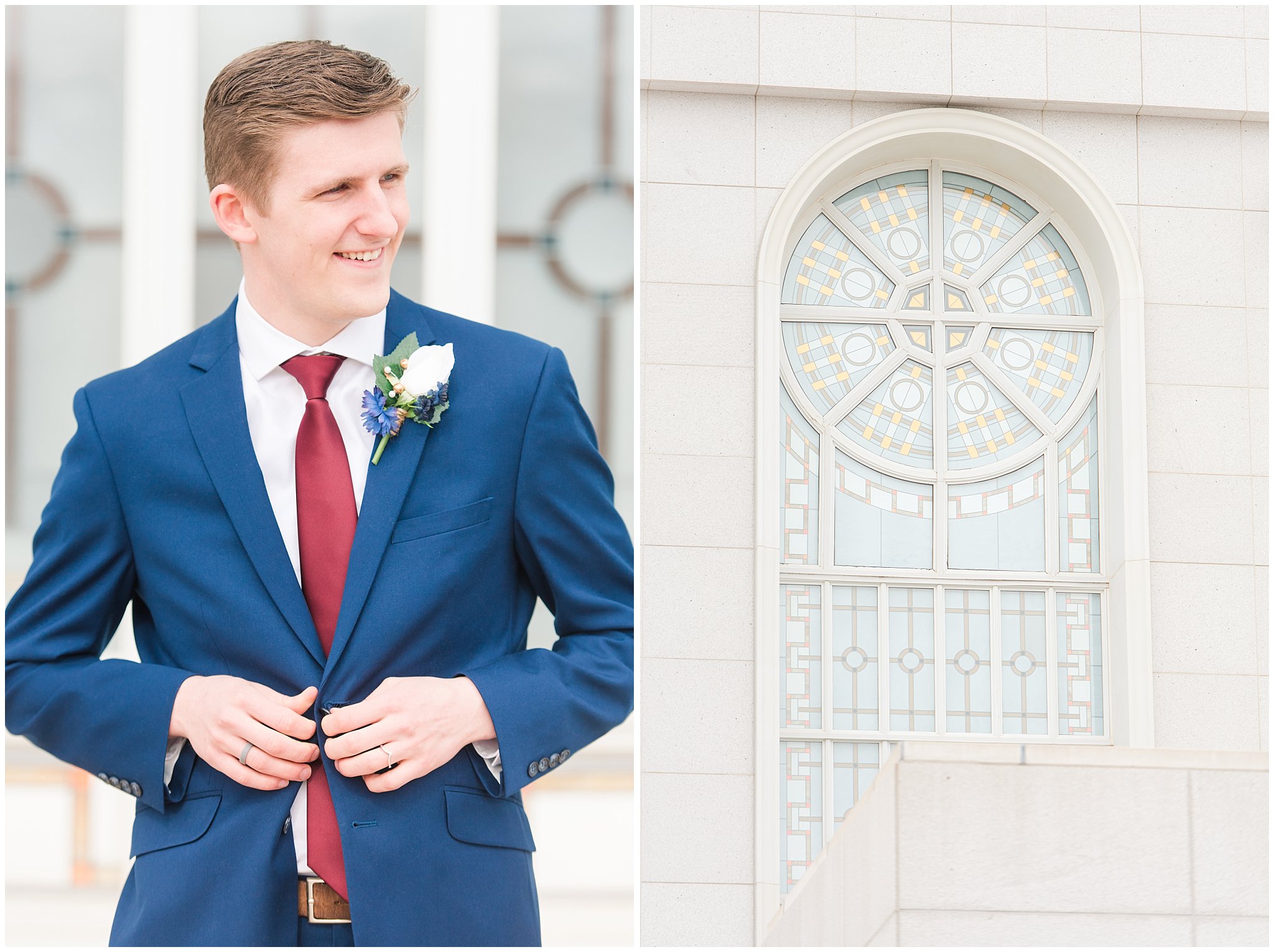Groom portrait with blue suit and burgundy tie during winter wedding | Bountiful Temple Wedding and Joseph Smith Memorial Reception | Jessie and Dallin Photography