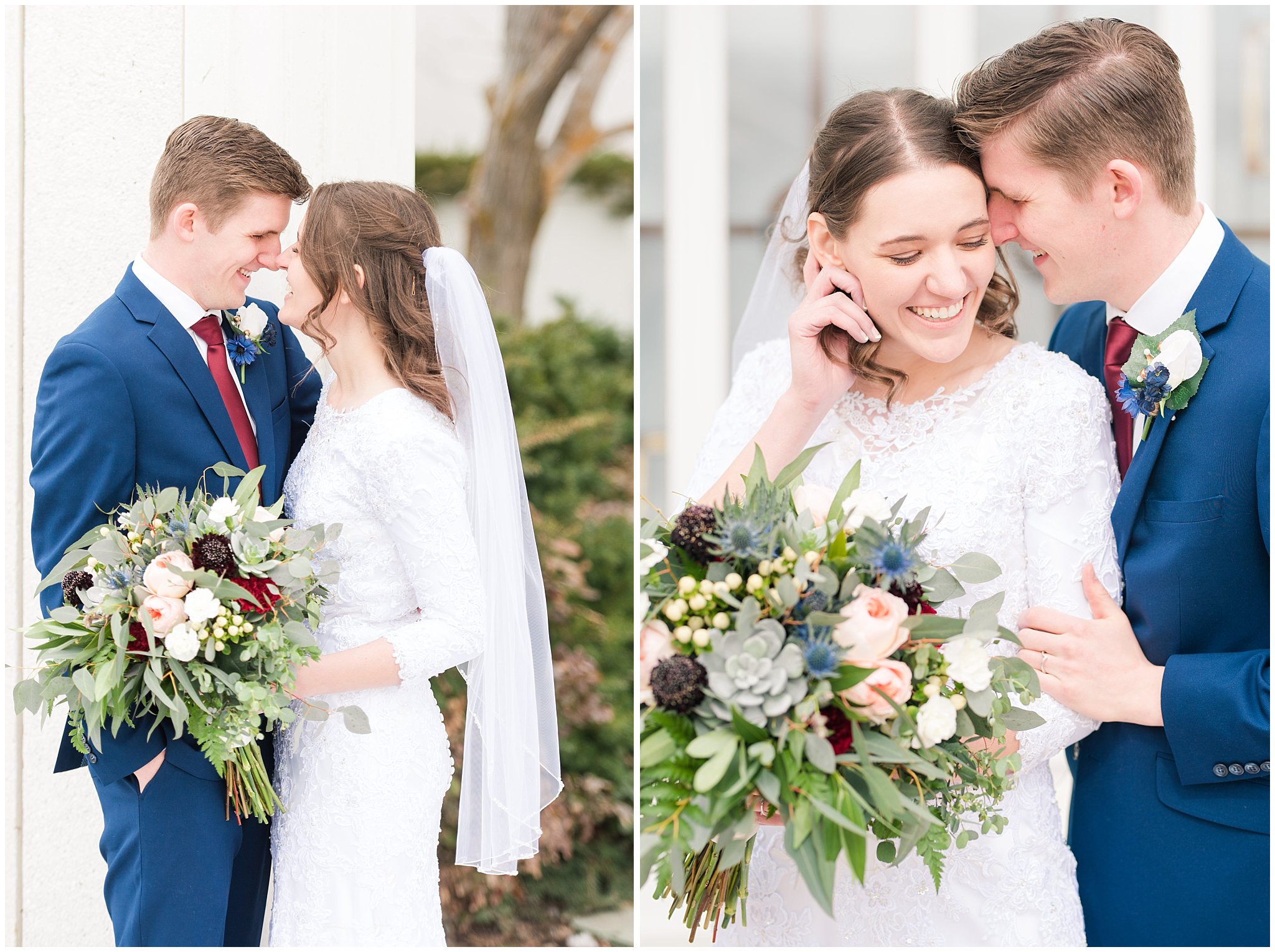 Bride and groom portraits with blue suit and burgundy, white and succulent bouquet | Bountiful Temple Wedding and Joseph Smith Memorial Reception | Jessie and Dallin Photography
