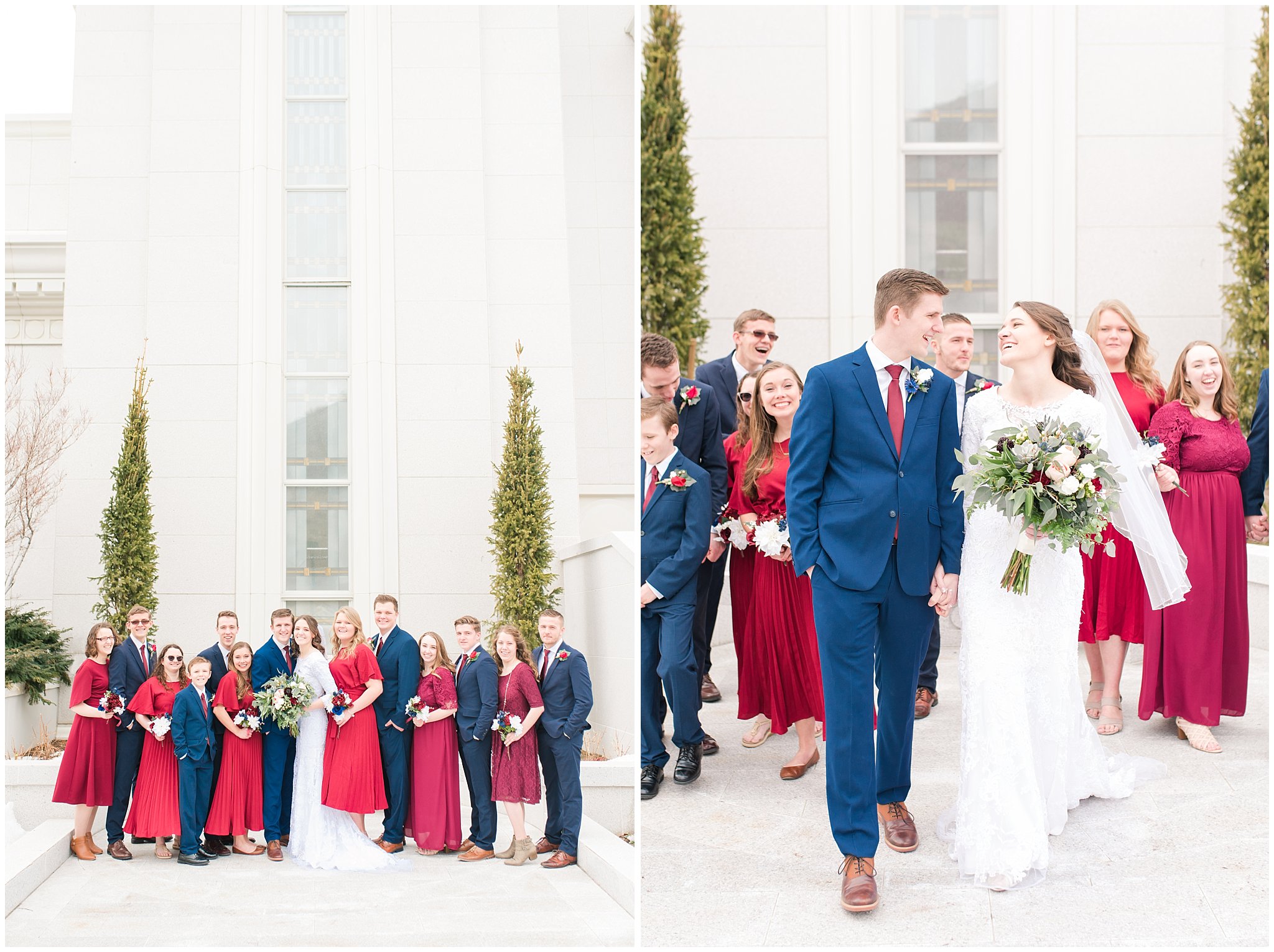 Bridal party portraits at winter wedding | navy and burgundy colors | Bountiful Temple Wedding and Joseph Smith Memorial Reception | Jessie and Dallin Photography