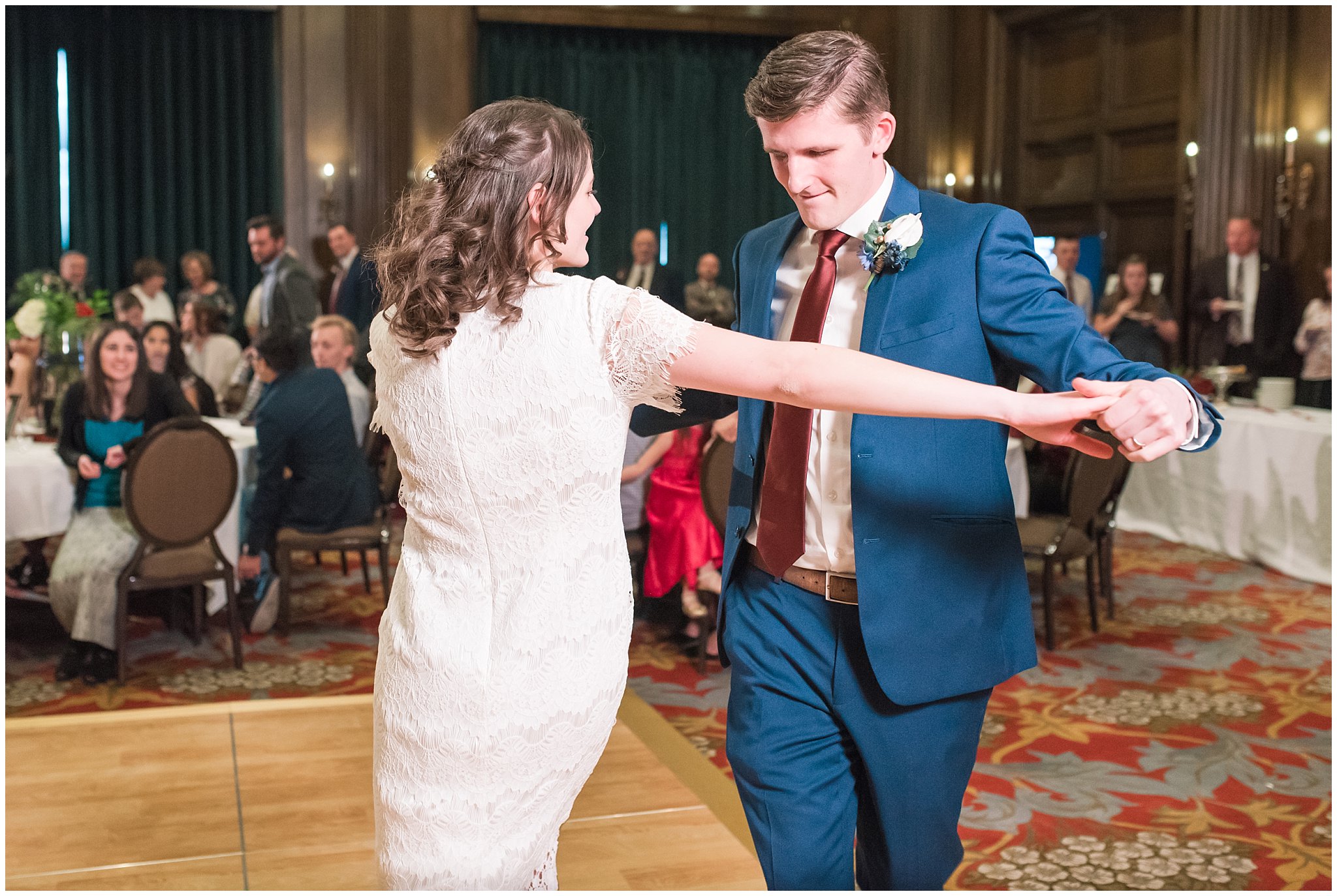 Bride and groom first dance at the Empire Room at Joseph Smith Memorial Building | navy and burgundy colors | Bountiful Temple Wedding and Joseph Smith Memorial Reception | Jessie and Dallin Photography