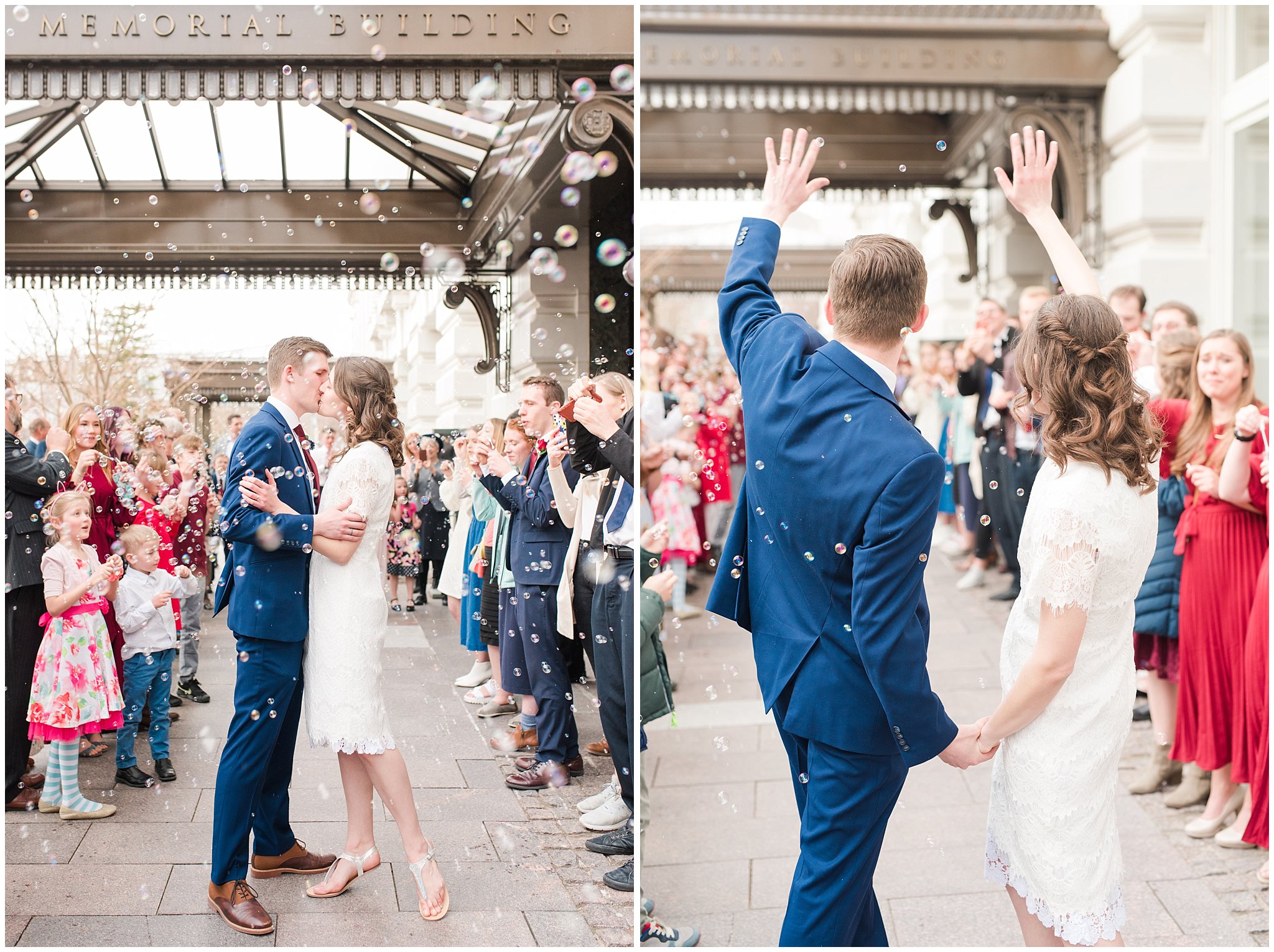 Bubble exit and sendoff at Joseph Smith Memorial Building | navy and burgundy colors | Bountiful Temple Wedding and Joseph Smith Memorial Reception | Jessie and Dallin Photography