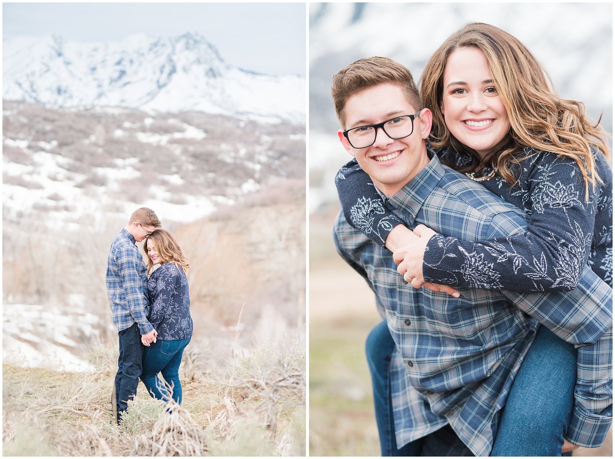 Couple in navy and grey casual outfits during winter mountain engagements | Trapper's Loop Winter Engagement | Jessie and Dallin Photography