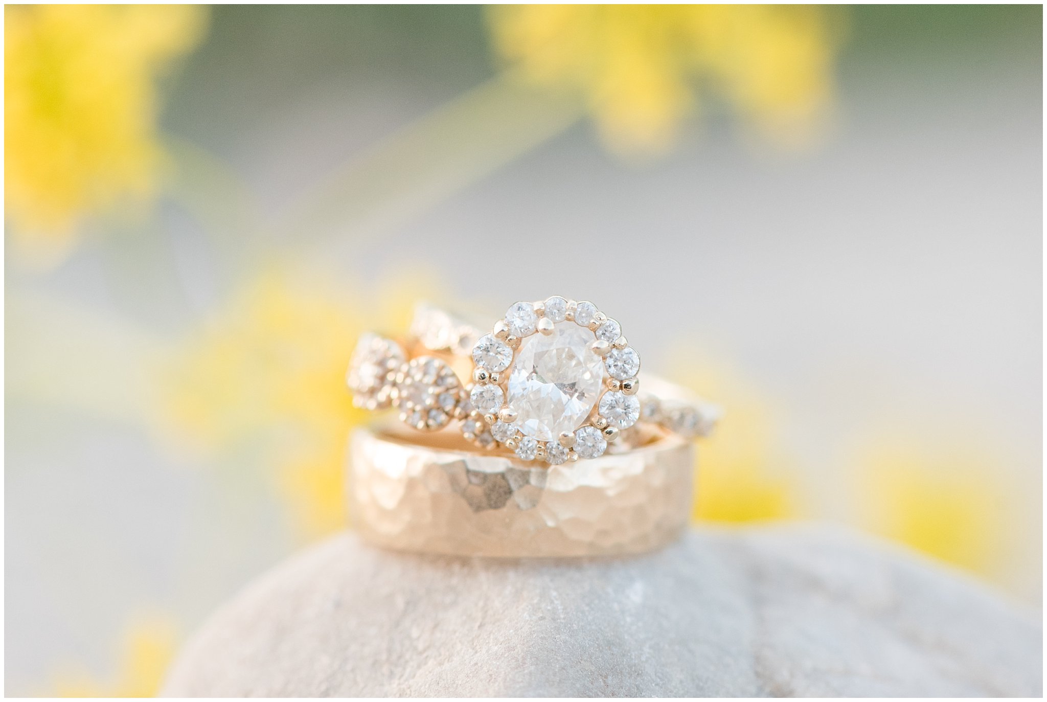 Gold beveled wedding rings on a rock in the mountains | Brigham City Temple and Mantua Mountain Formal Session | Jessie and Dallin Photography
