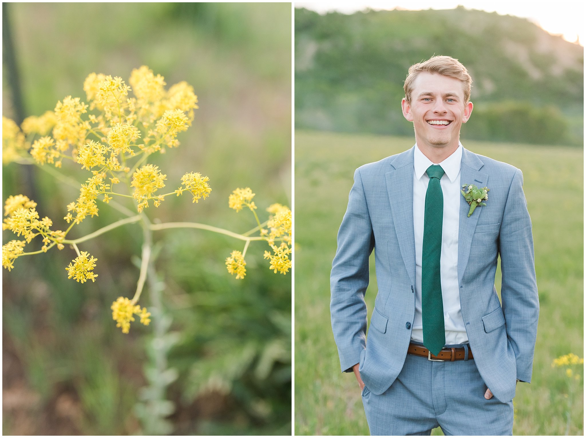 Groom in light blue suit and green tie in a grass field in the mountains | Brigham City Temple and Mantua Mountain Formal Session | Jessie and Dallin Photography