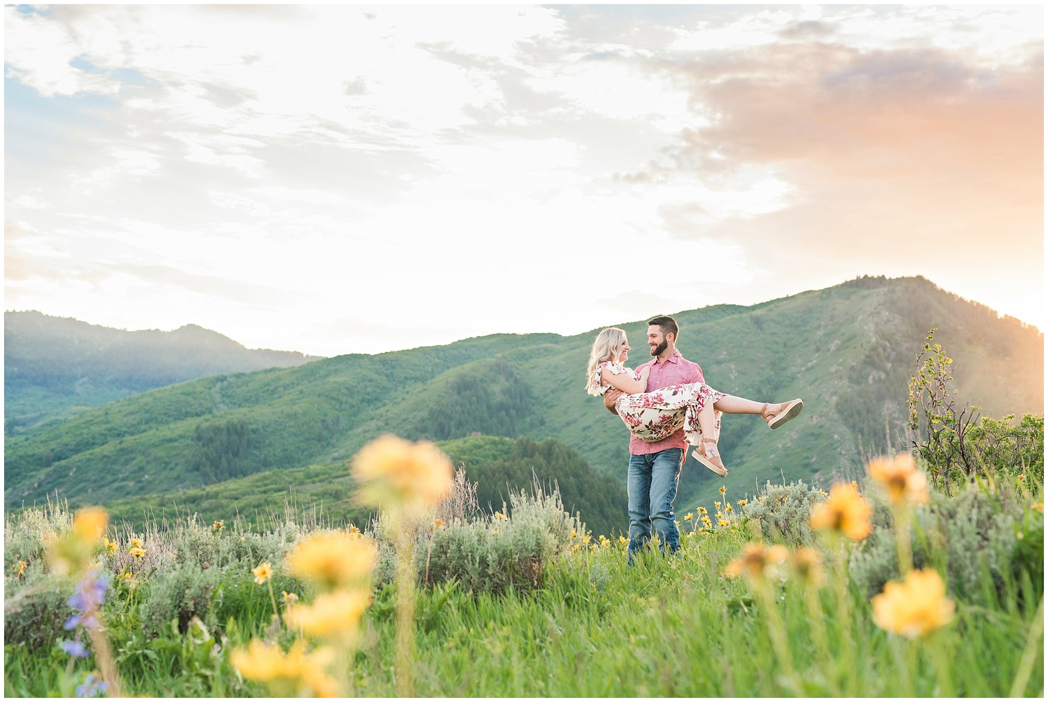 Couple dressed in floral dress at sunset during Snowbasin Wildflower Engagement | Jessie and Dallin Photography