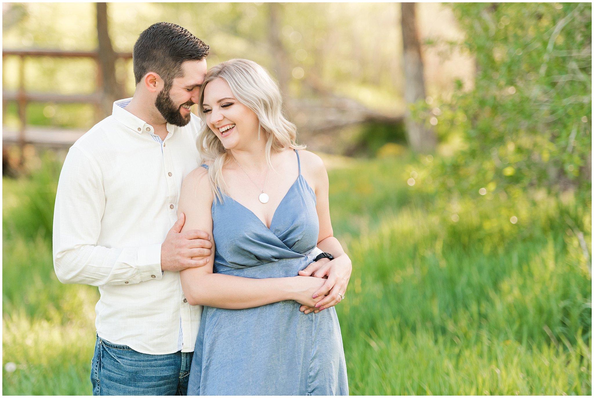 Couple in blue dress and white shirt during Snowbasin Wildflower Engagement | Jessie and Dallin Photography