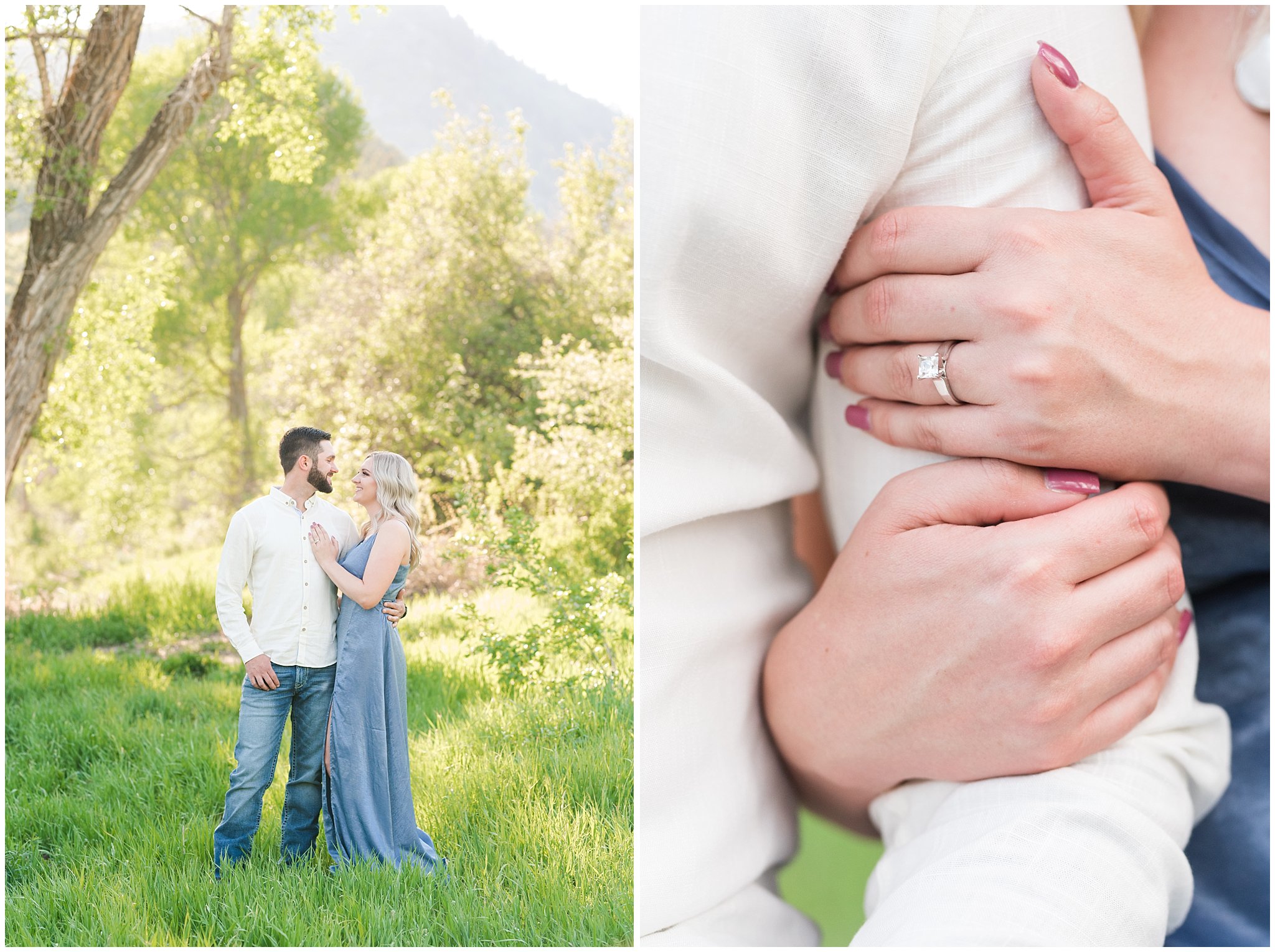 Couple in blue dress and white shirt during Snowbasin Wildflower Engagement | Jessie and Dallin Photography