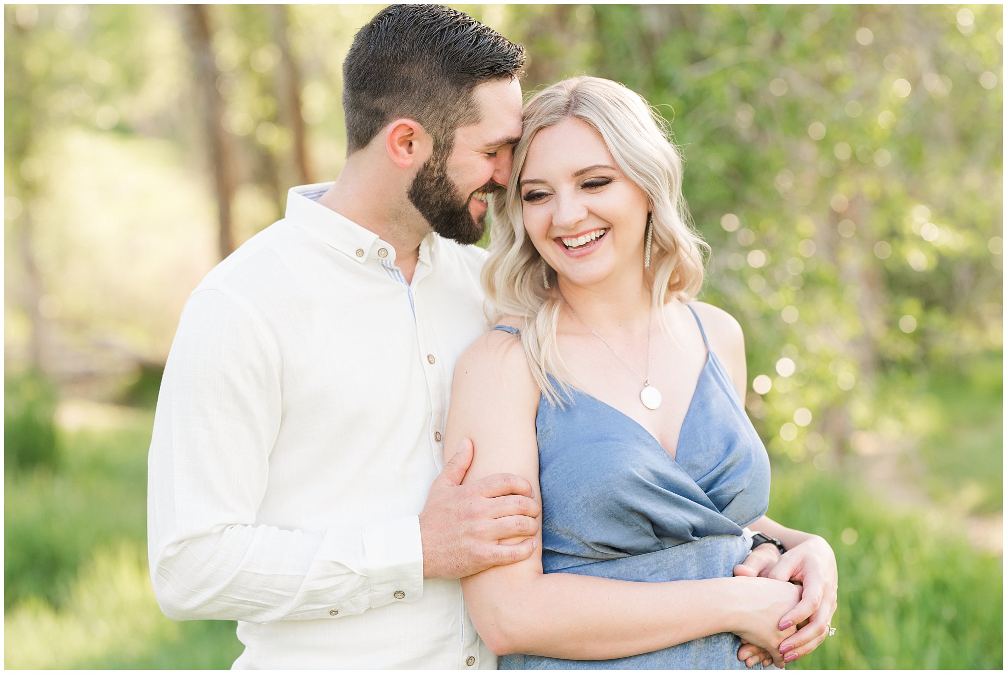 Couple in blue dress and white shirt during Snowbasin Wildflower Engagement | Jessie and Dallin Photography