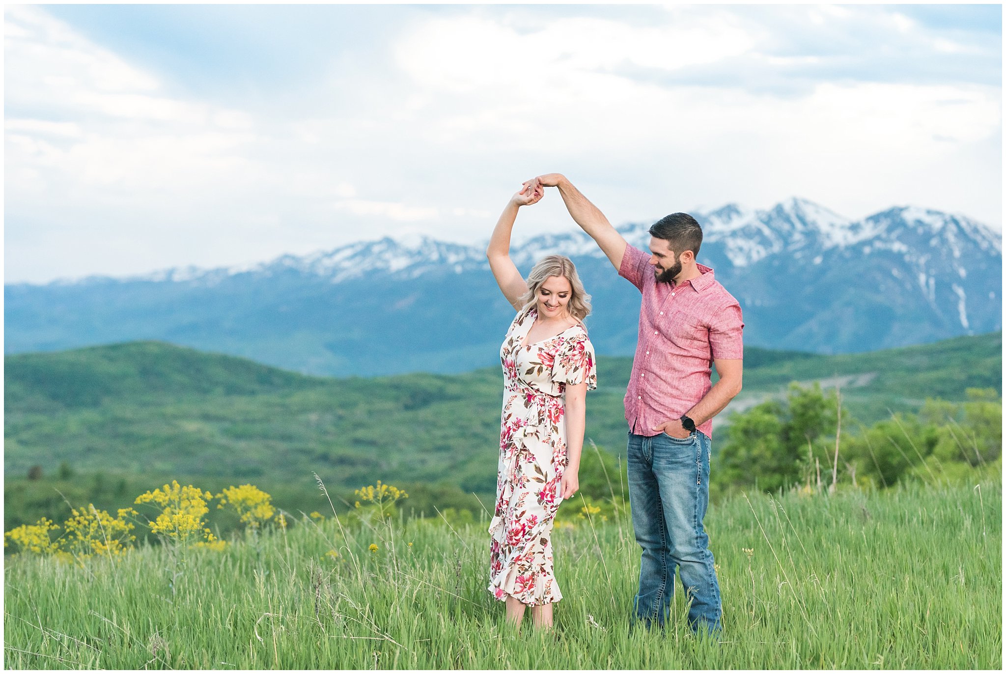 Couple in floral dress and pink shirt during Snowbasin Wildflower Engagement | Jessie and Dallin Photography