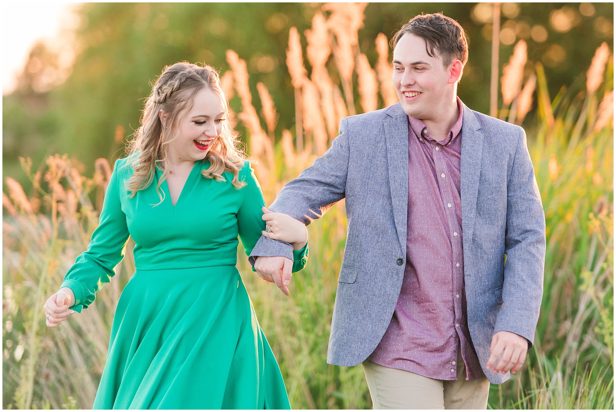 Couple in a garden for their engagement session with a vintage 1950s dress | Summer USU Botanical Garden Engagement Session | Jessie and Dallin Photography