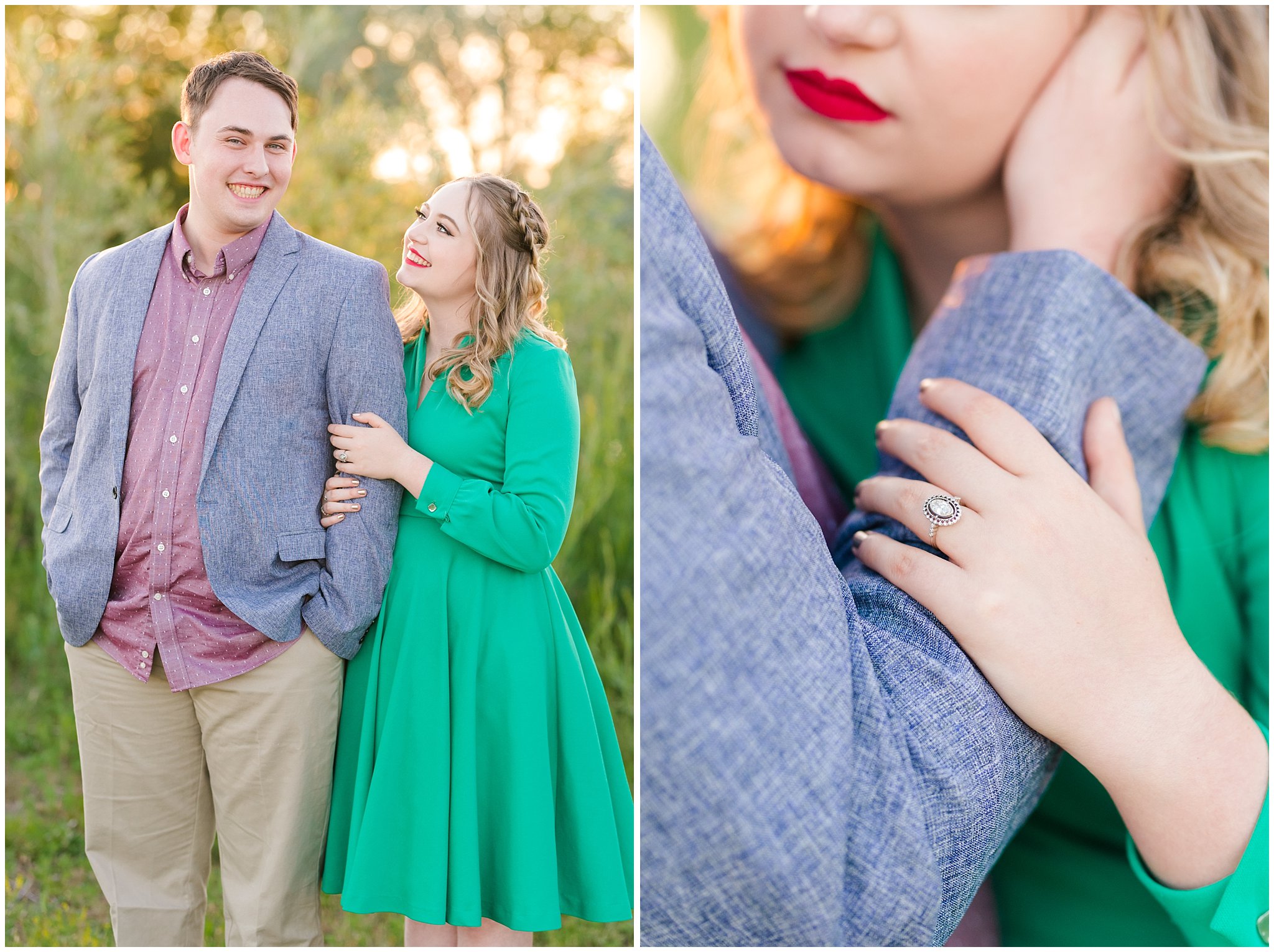 Couple in a garden for their engagement session with a vintage 1950s dress | Summer USU Botanical Garden Engagement Session | Jessie and Dallin Photography