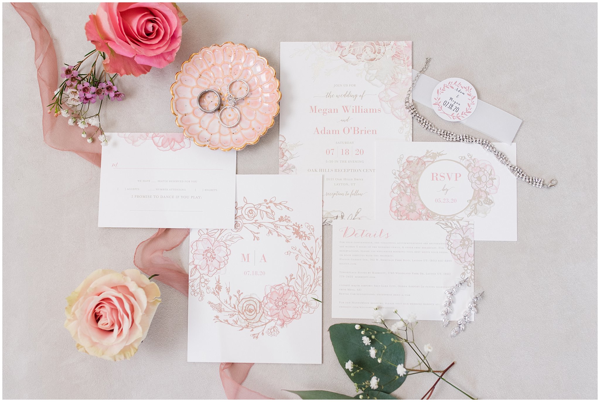 Dusty Rose, rose gold, and White invitation suite | Oak Hills Utah Dusty Rose and Gray Summer Wedding | Jessie and Dallin Photography