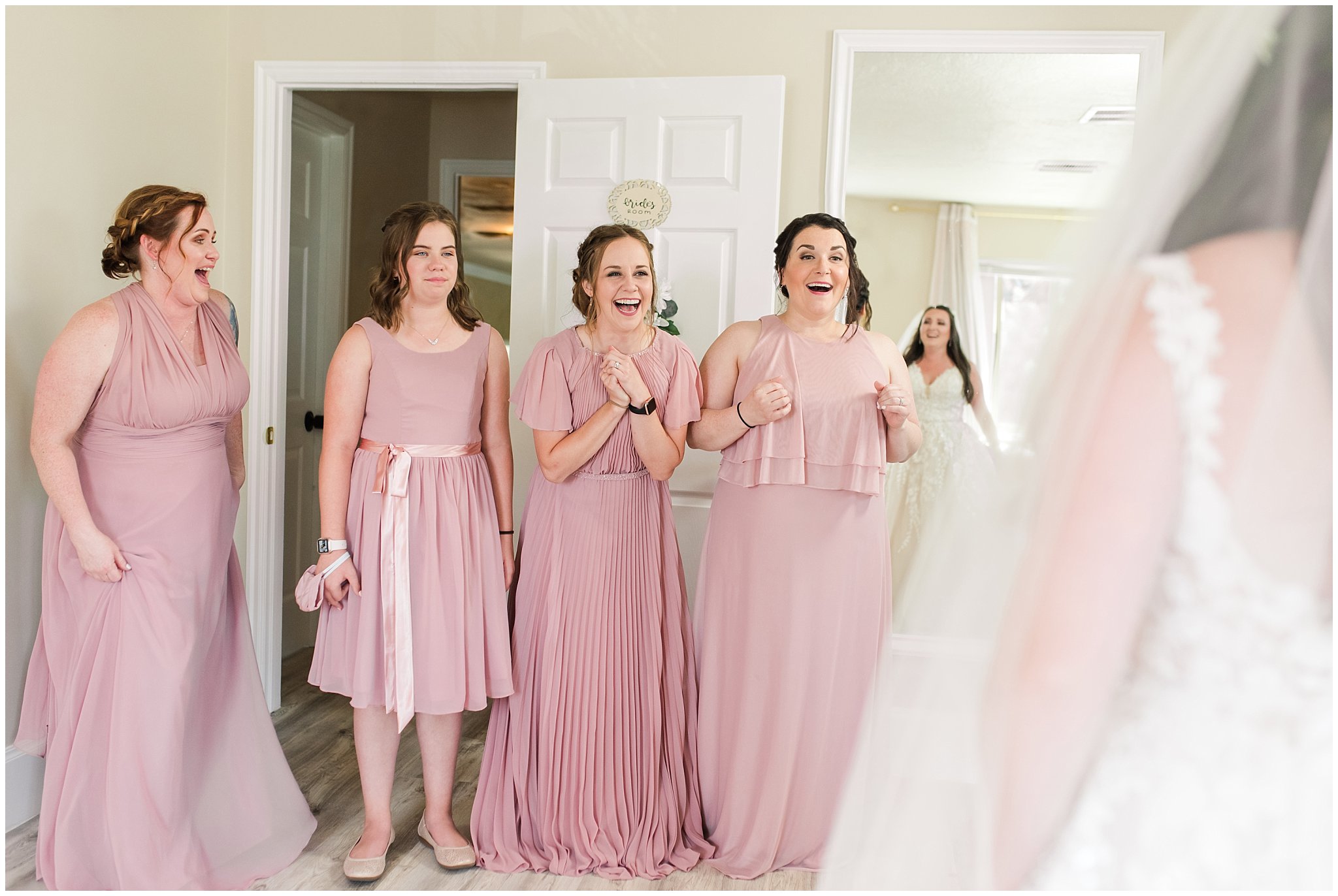 Bridesmaid first look reaction | Oak Hills Utah Dusty Rose and Gray Summer Wedding | Jessie and Dallin Photography