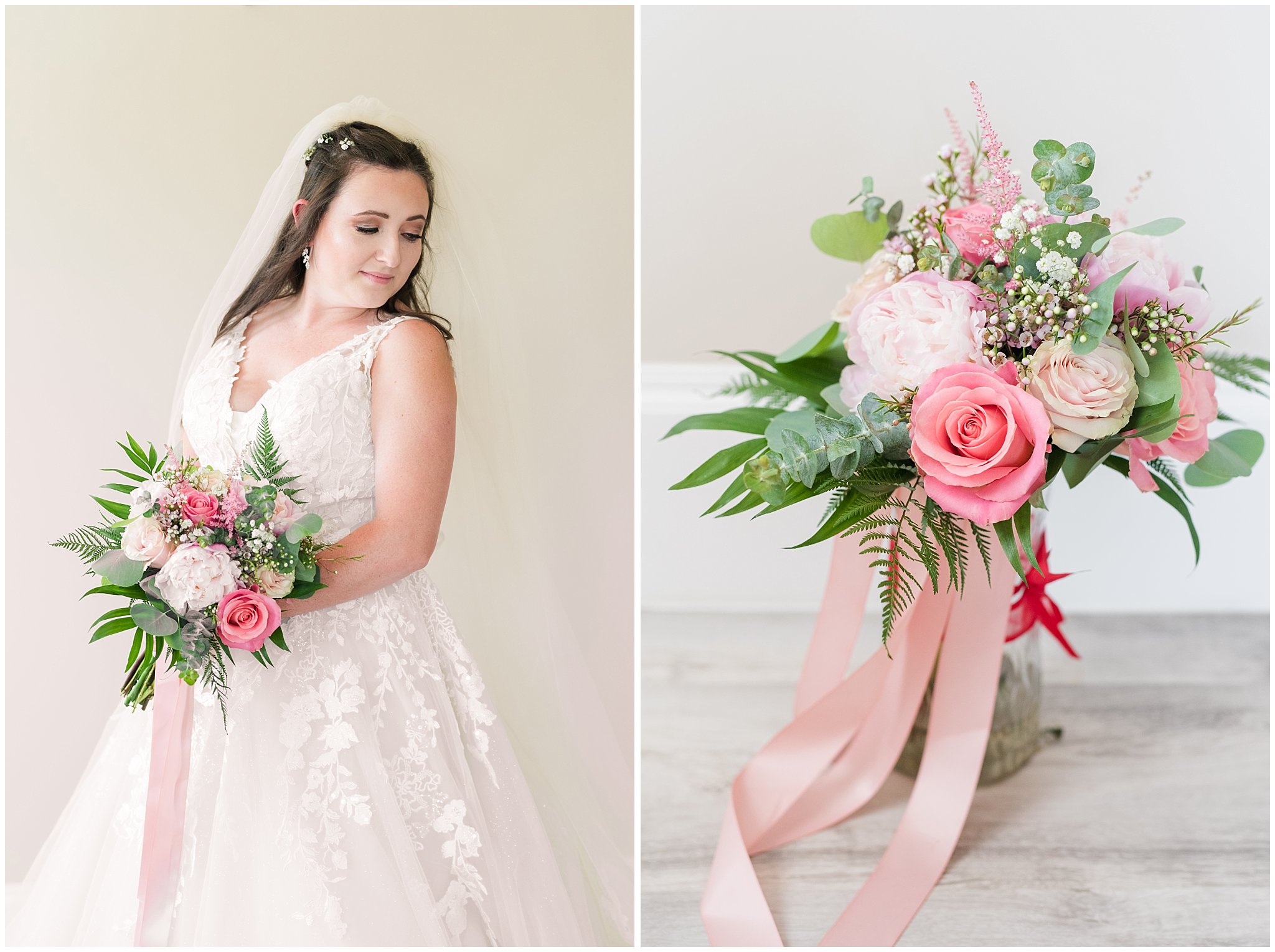 Bride with green, white and pink bouquet | Oak Hills Utah Dusty Rose and Gray Summer Wedding | Jessie and Dallin Photography