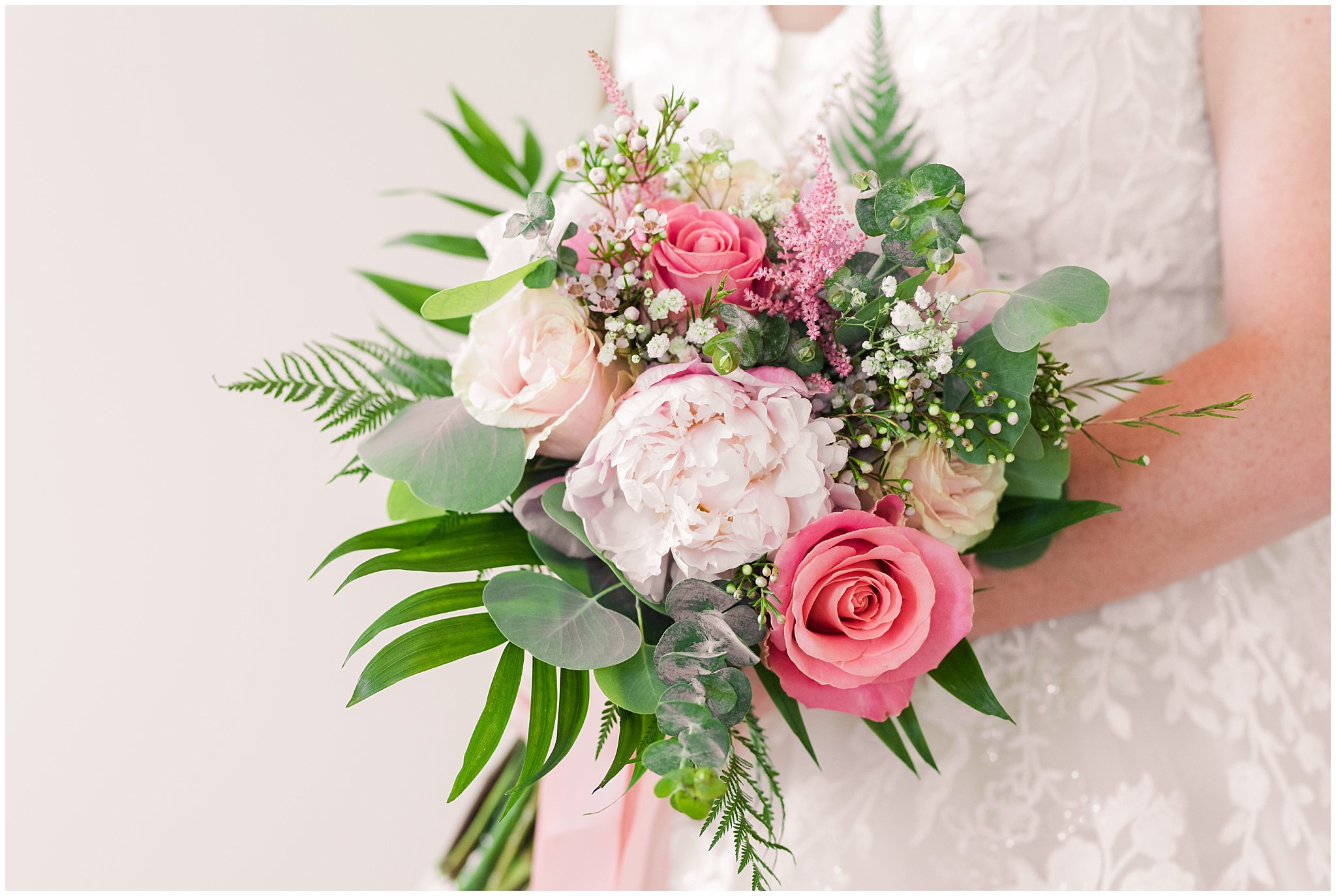 Bride with green, white and pink bouquet | Oak Hills Utah Dusty Rose and Gray Summer Wedding | Jessie and Dallin Photography