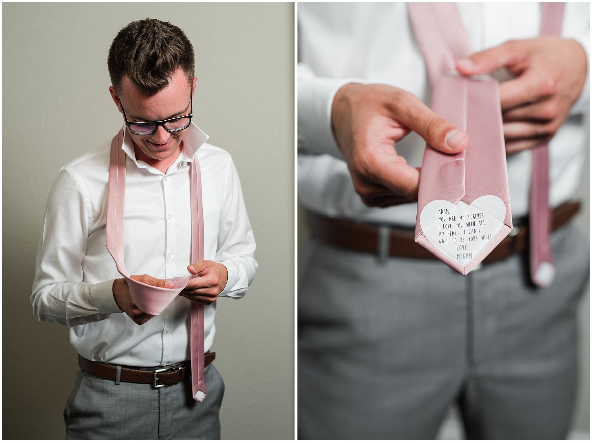 Groom surprised with message on tie | Oak Hills Utah Dusty Rose and Gray Summer Wedding | Jessie and Dallin Photography