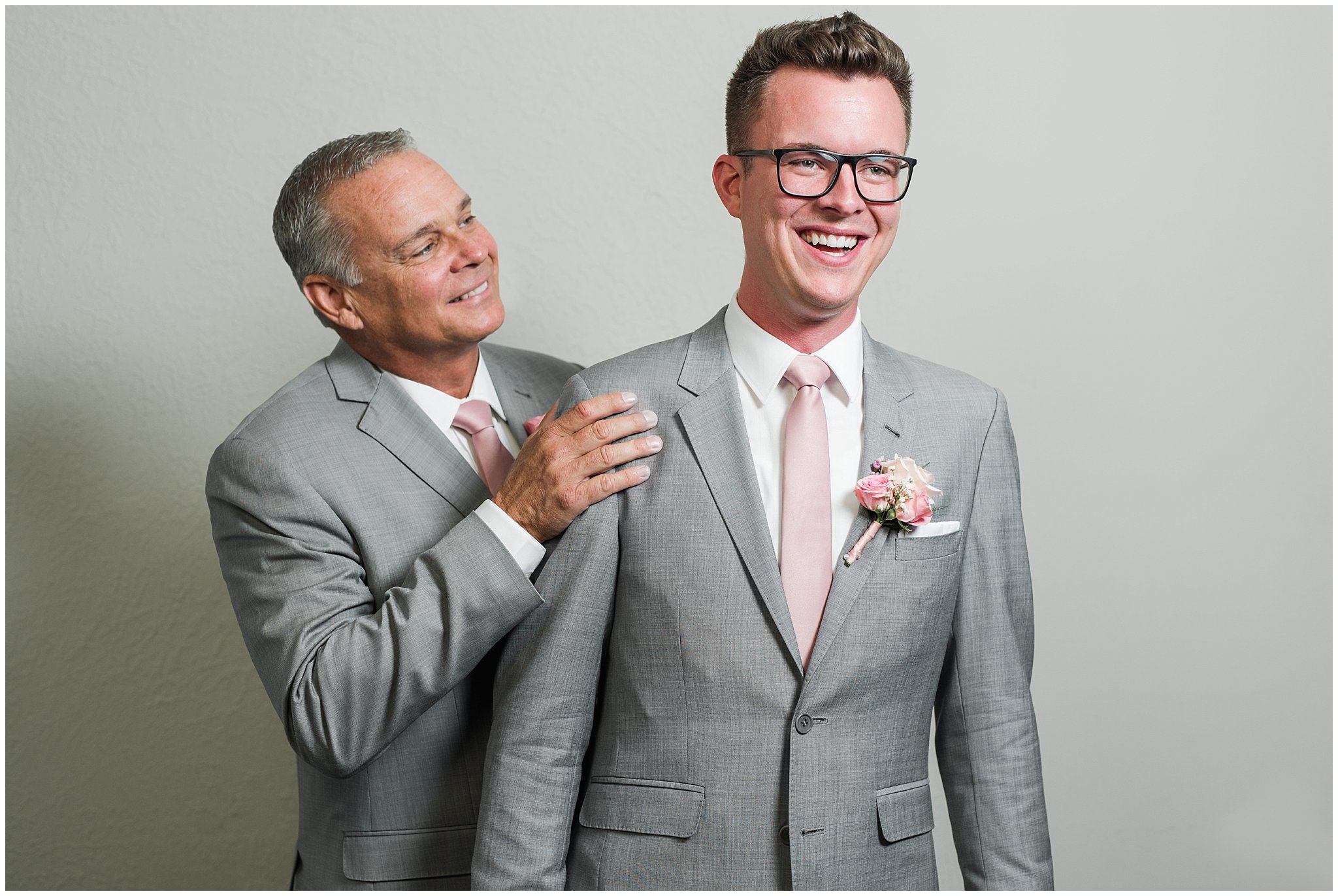 Groom with Dad in gray suit and blush tie portrait | Oak Hills Utah Dusty Rose and Gray Summer Wedding | Jessie and Dallin Photography