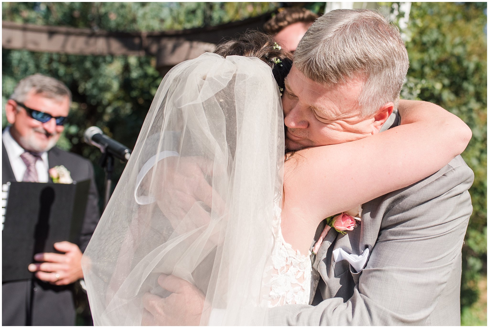 Father hugs daughter as he gives her away | Oak Hills Utah Dusty Rose and Gray Summer Wedding | Jessie and Dallin Photography