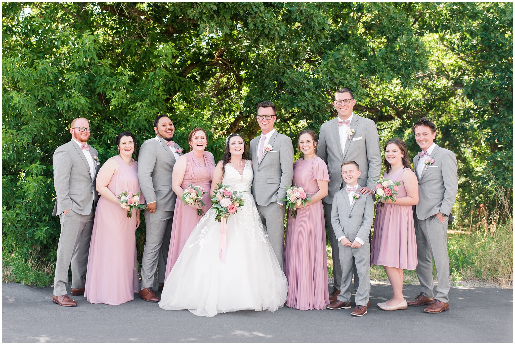 Wedding party in gray suits and dusty rose blush dresses | Oak Hills Utah Dusty Rose and Gray Summer Wedding | Jessie and Dallin Photography
