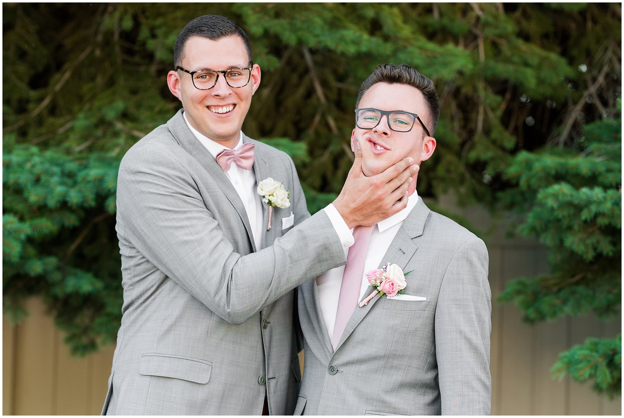 Groom and brother being goofy | Oak Hills Utah Dusty Rose and Gray Summer Wedding | Jessie and Dallin Photography
