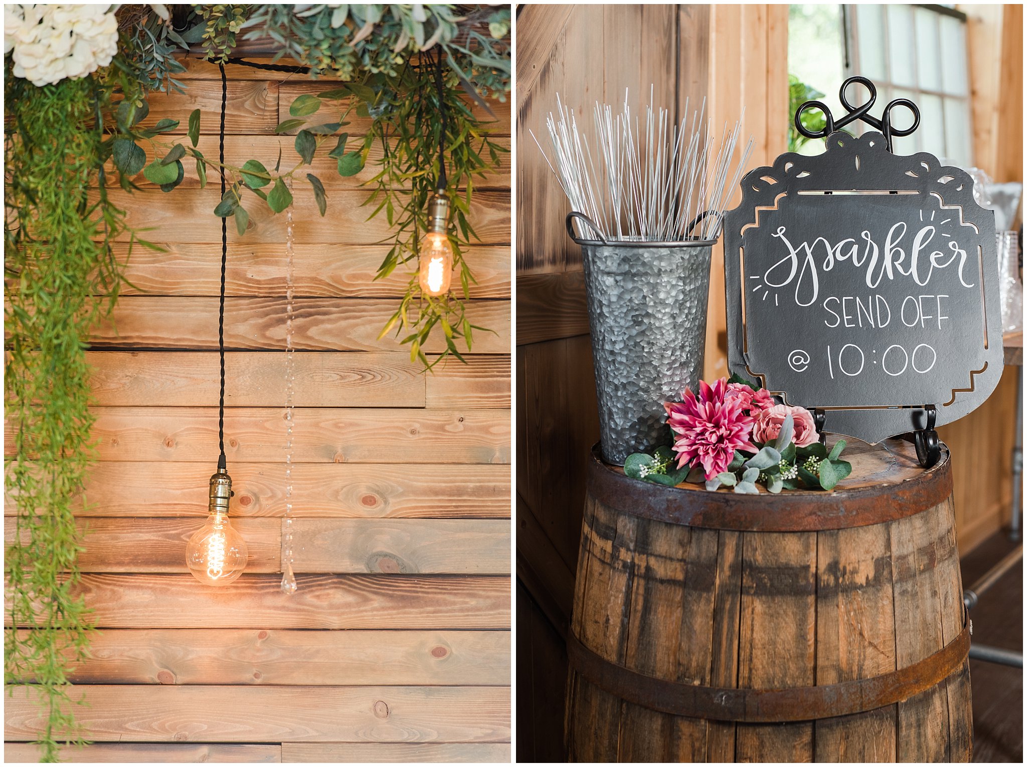 Reception decor in barn | Oak Hills Utah Dusty Rose and Gray Summer Wedding | Jessie and Dallin Photography