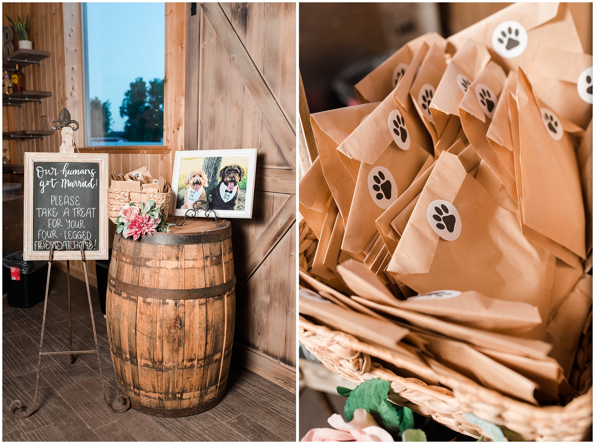 Reception decor with dog tribute and doggy bags for take home treat in barn | Oak Hills Utah Dusty Rose and Gray Summer Wedding | Jessie and Dallin Photography