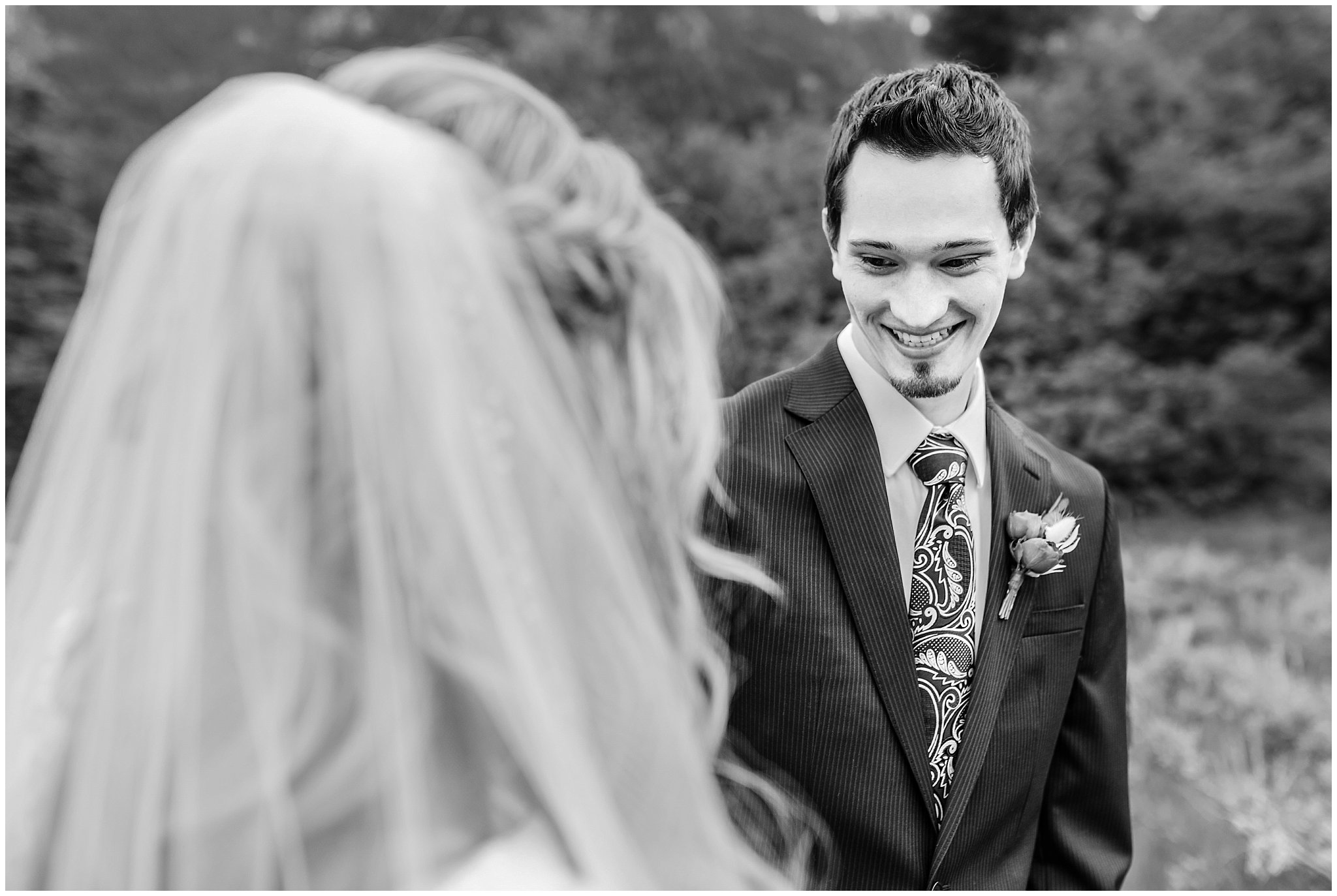 Bride and groom reactions during first look | Utah Mountain Wedding Formal Session | Tibble Fork Summer Formal Session | Jessie and Dallin Photography