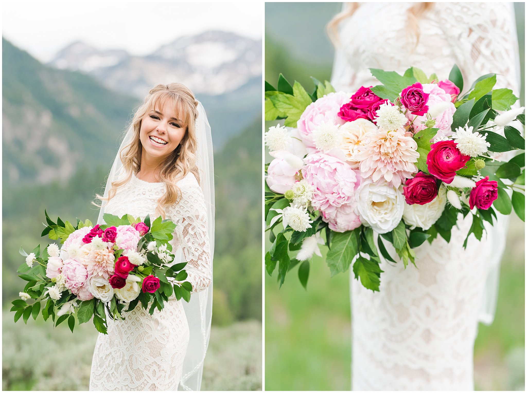 Bride in lace dress with deep pink and white floral bouquet | Utah Mountain Wedding Formal Session | Tibble Fork Summer Formal Session | Jessie and Dallin Photography