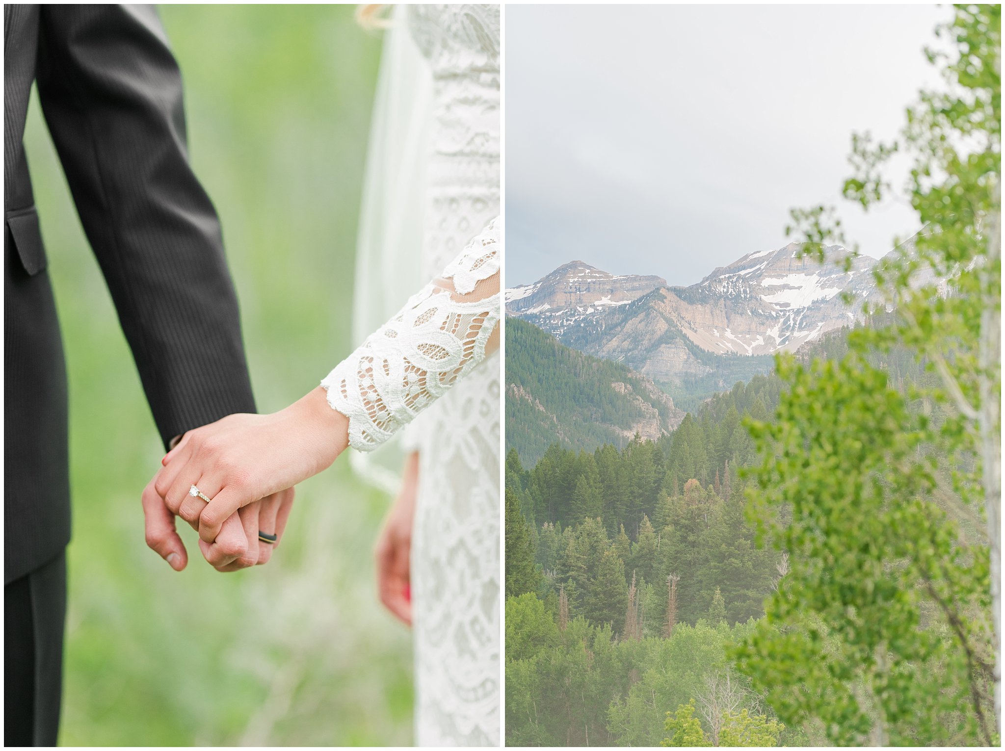 Candid photos of bride in lace dress and groom in black suit with deep pink and white floral bouquet | Utah Mountain Wedding Formal Session | Tibble Fork Summer Formal Session | Jessie and Dallin Photography