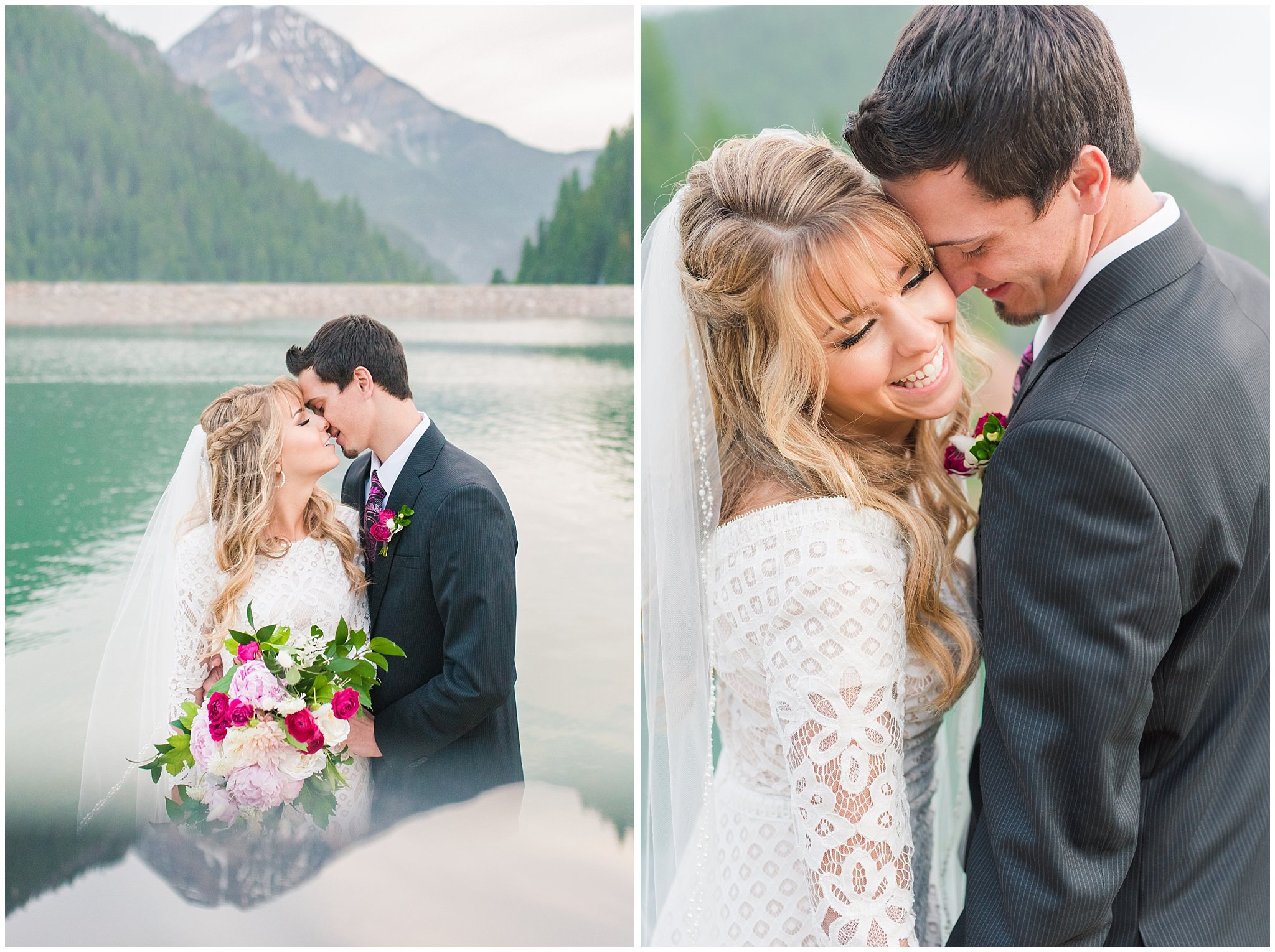 Candid photos of bride in lace dress and groom in black suit with deep pink and white floral bouquet | Utah Mountains and reservoir water Wedding Formal Session | Tibble Fork Summer Formal Session | Jessie and Dallin Photography