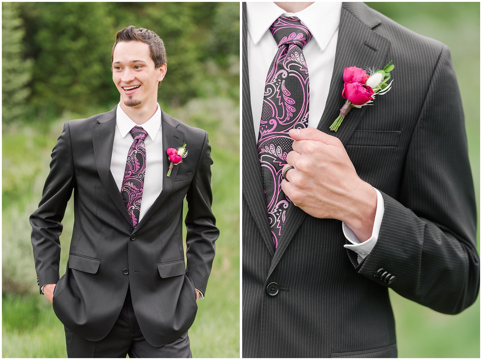 Groom in black suit with deep pink and black tie | Utah Mountain Wedding Formal Session | Tibble Fork Summer Formal Session | Jessie and Dallin Photography