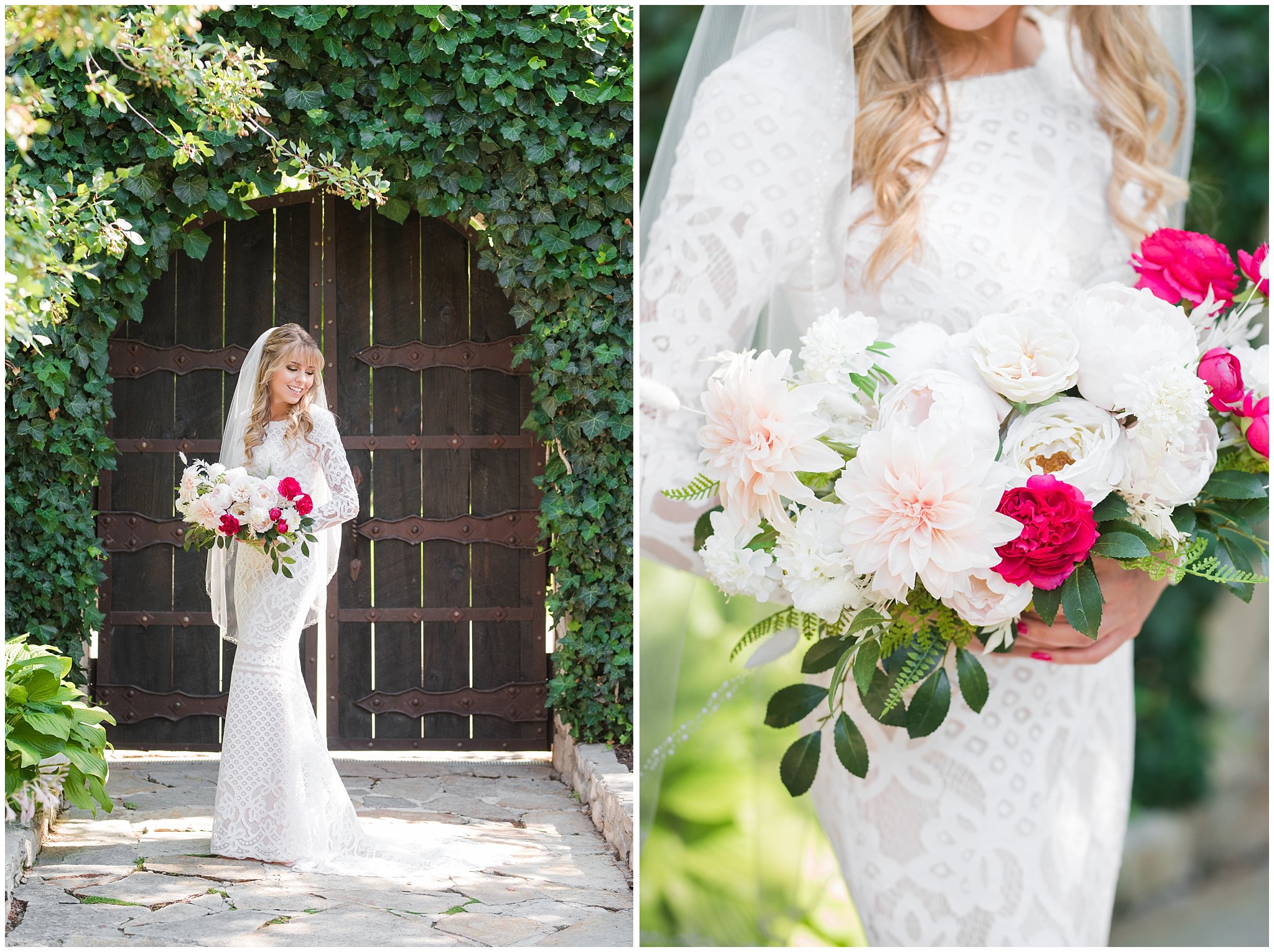 Bride in lace dress holding bouquet of white and deep pink florals | Wadley Farms Summer Wedding | Jessie and Dallin Photography