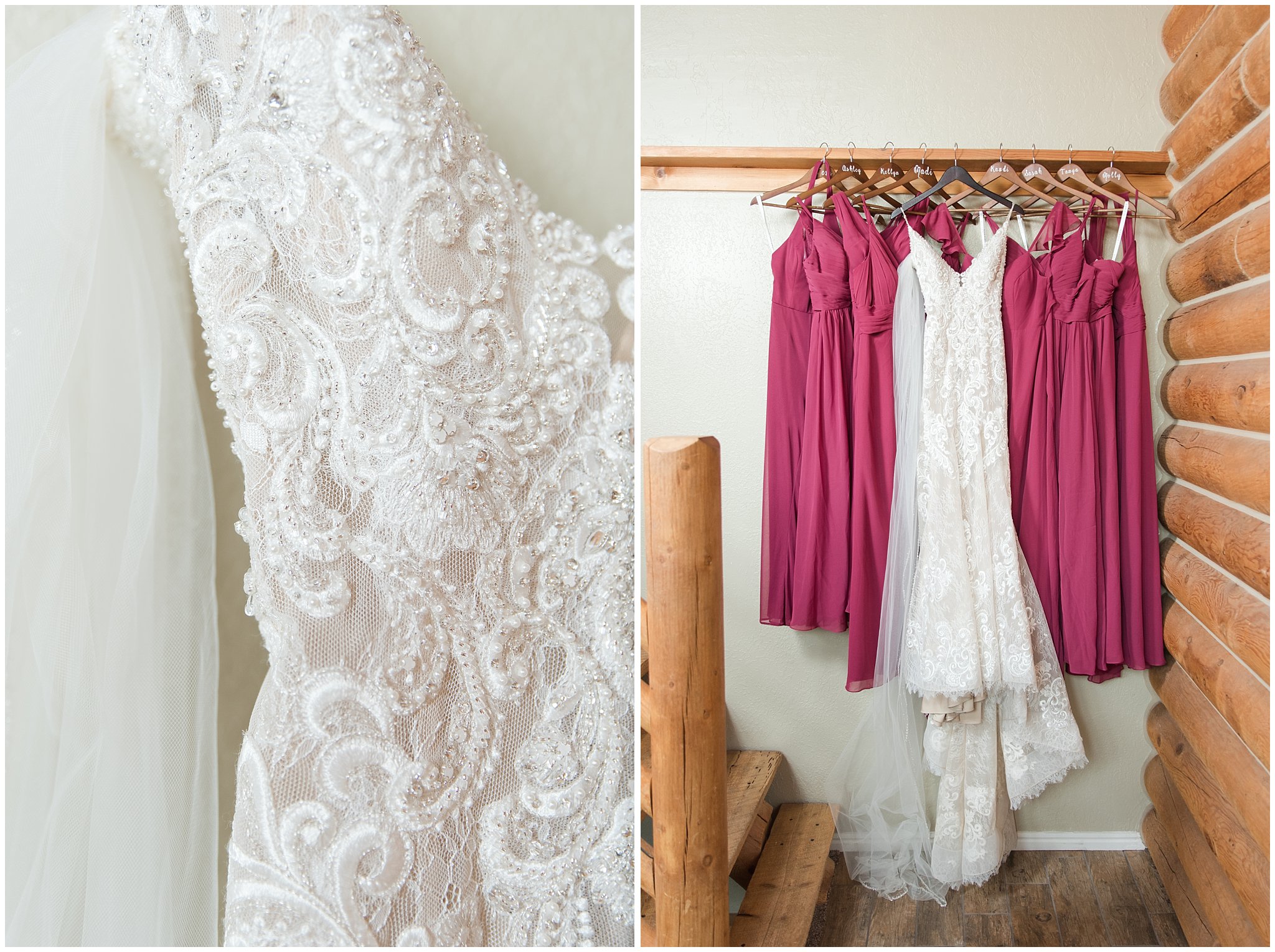 Wedding dress and bridesmaid dresses with bridal details | Dusty Blue and Rose Summer Wedding at Oak Hills Utah | Jessie and Dallin Photography