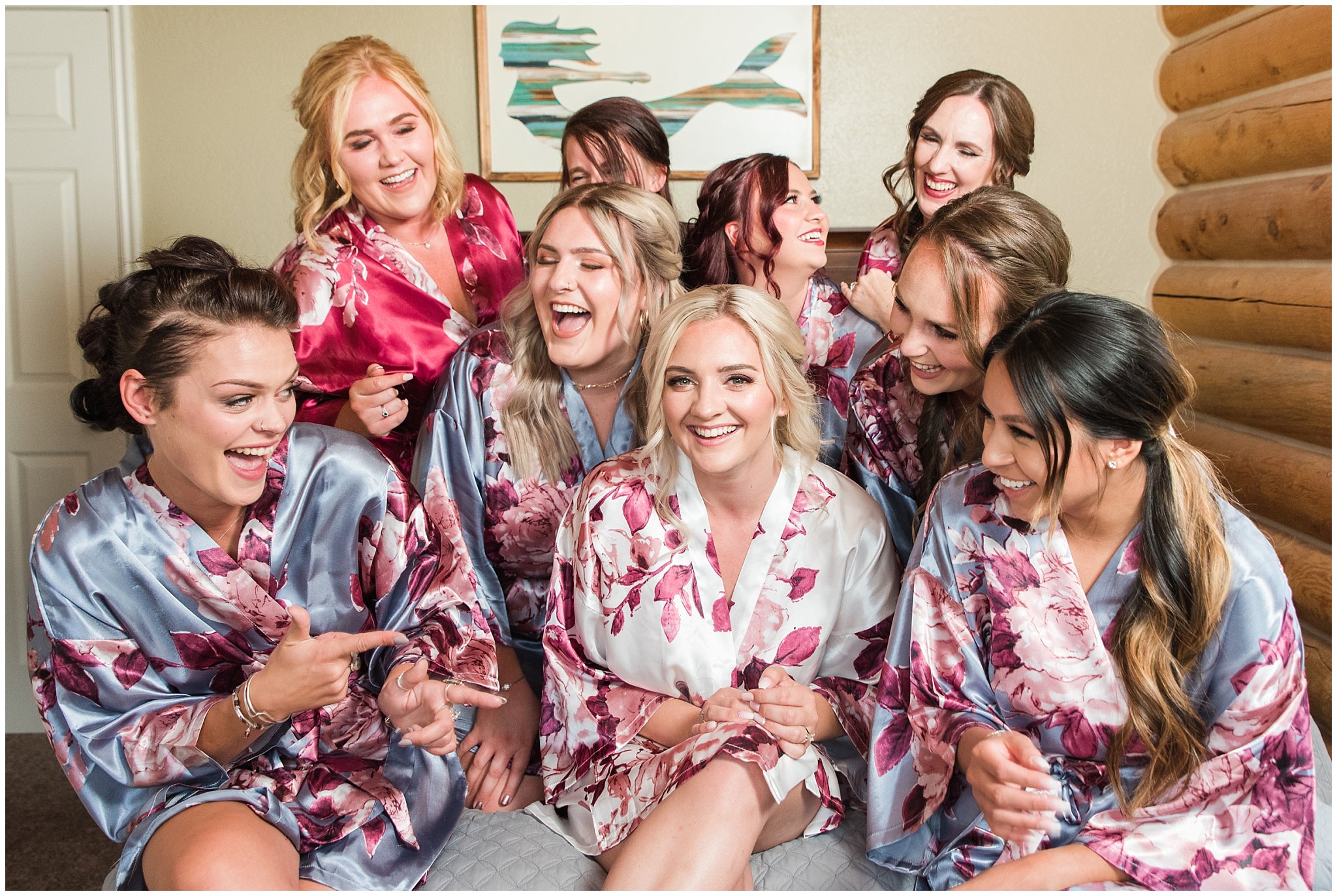 Bride and bridesmaids in robes | Dusty Blue and Rose Summer Wedding at Oak Hills Utah | Jessie and Dallin Photography