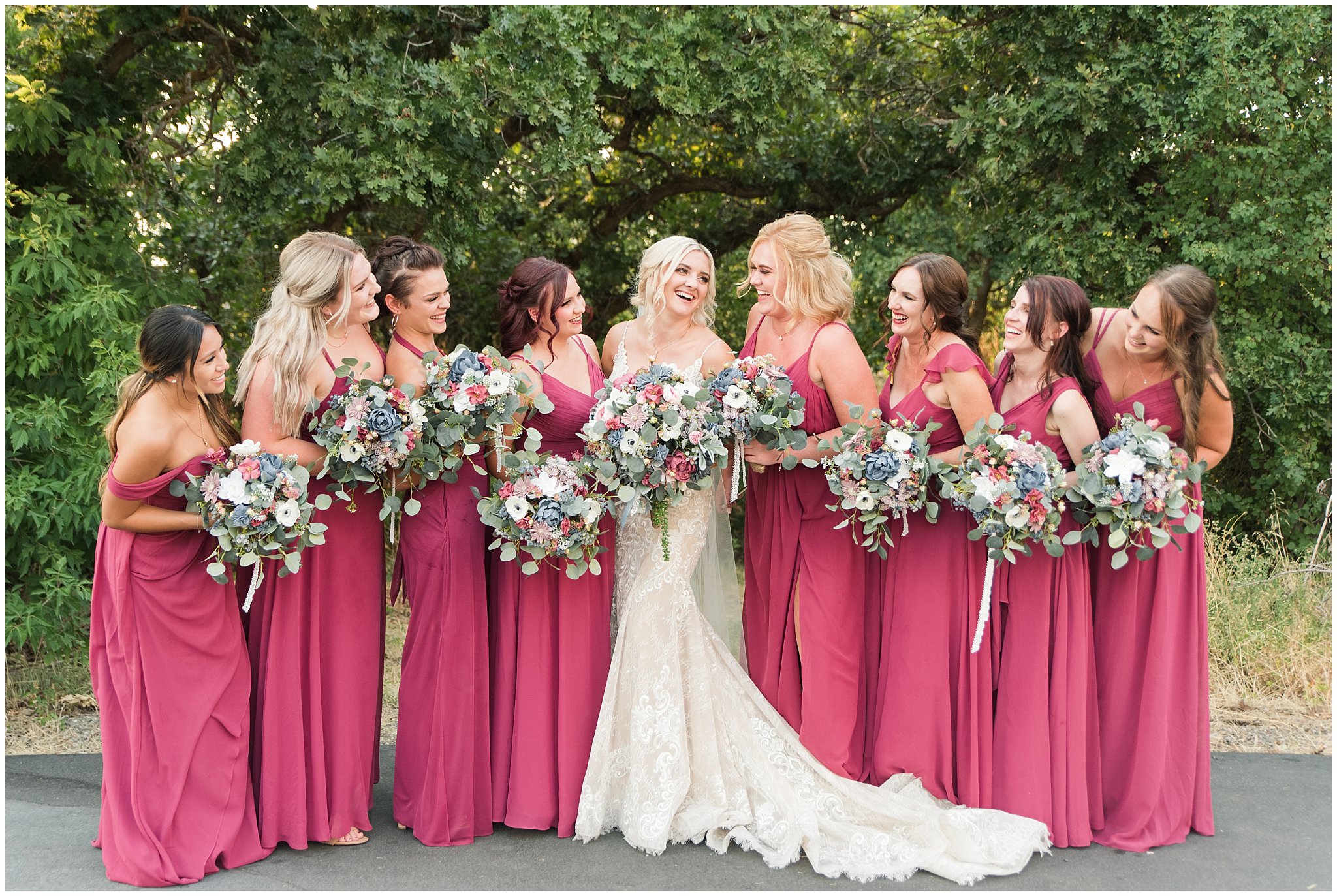 Bride and bridesmaids with maroon dresses | Dusty Blue and Rose Summer Wedding at Oak Hills Utah | Jessie and Dallin Photography