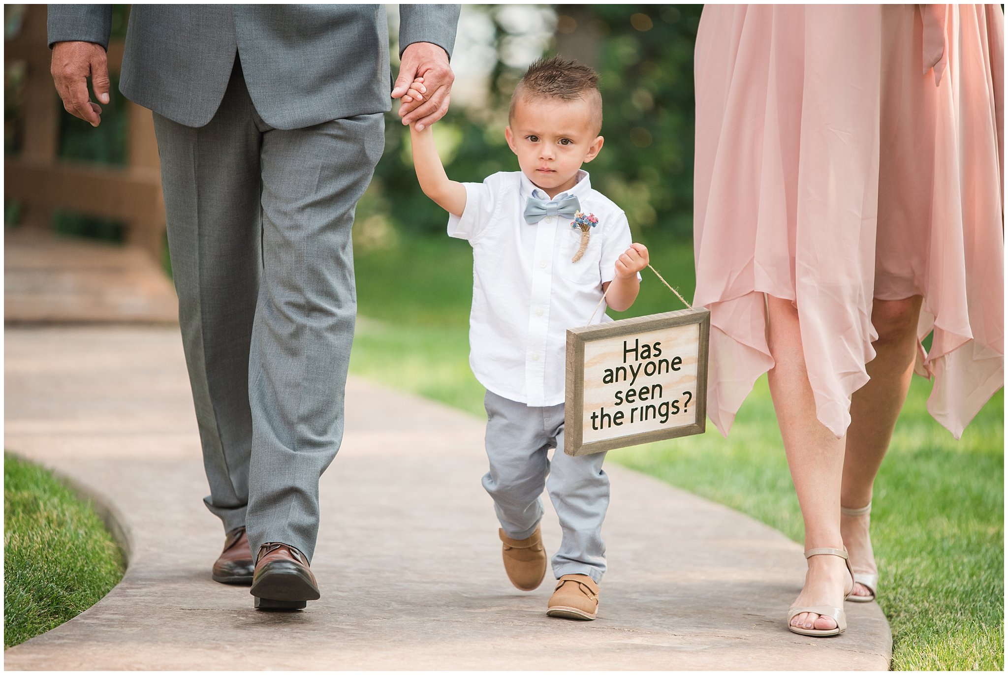 Has anyone seen the rings wooden sign for kids during the ceremony | Dusty Blue and Rose Summer Wedding at Oak Hills Utah | Jessie and Dallin Photography