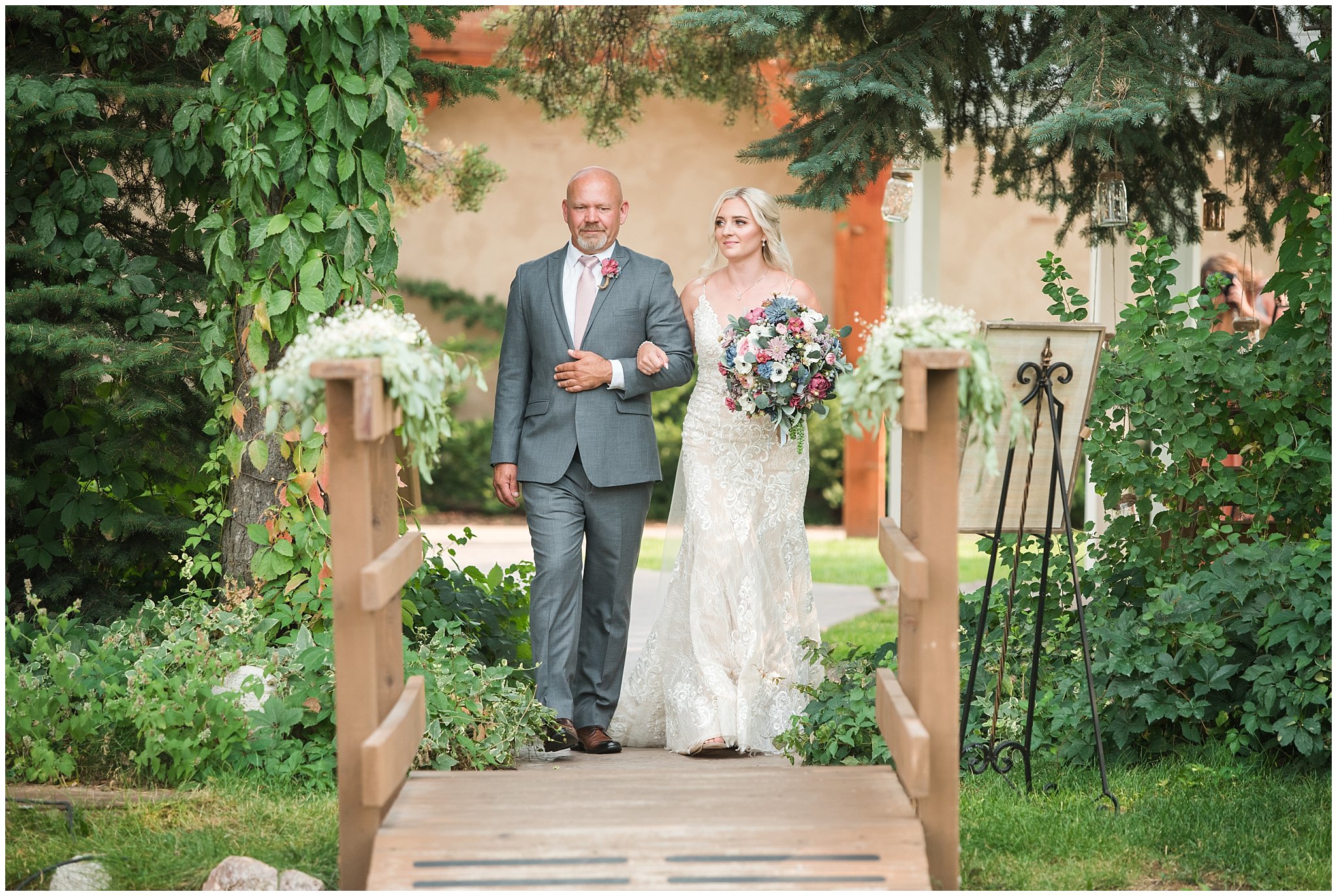 Bride and dad walk down the aisle | Dusty Blue and Rose Summer Wedding at Oak Hills Utah | Jessie and Dallin Photography