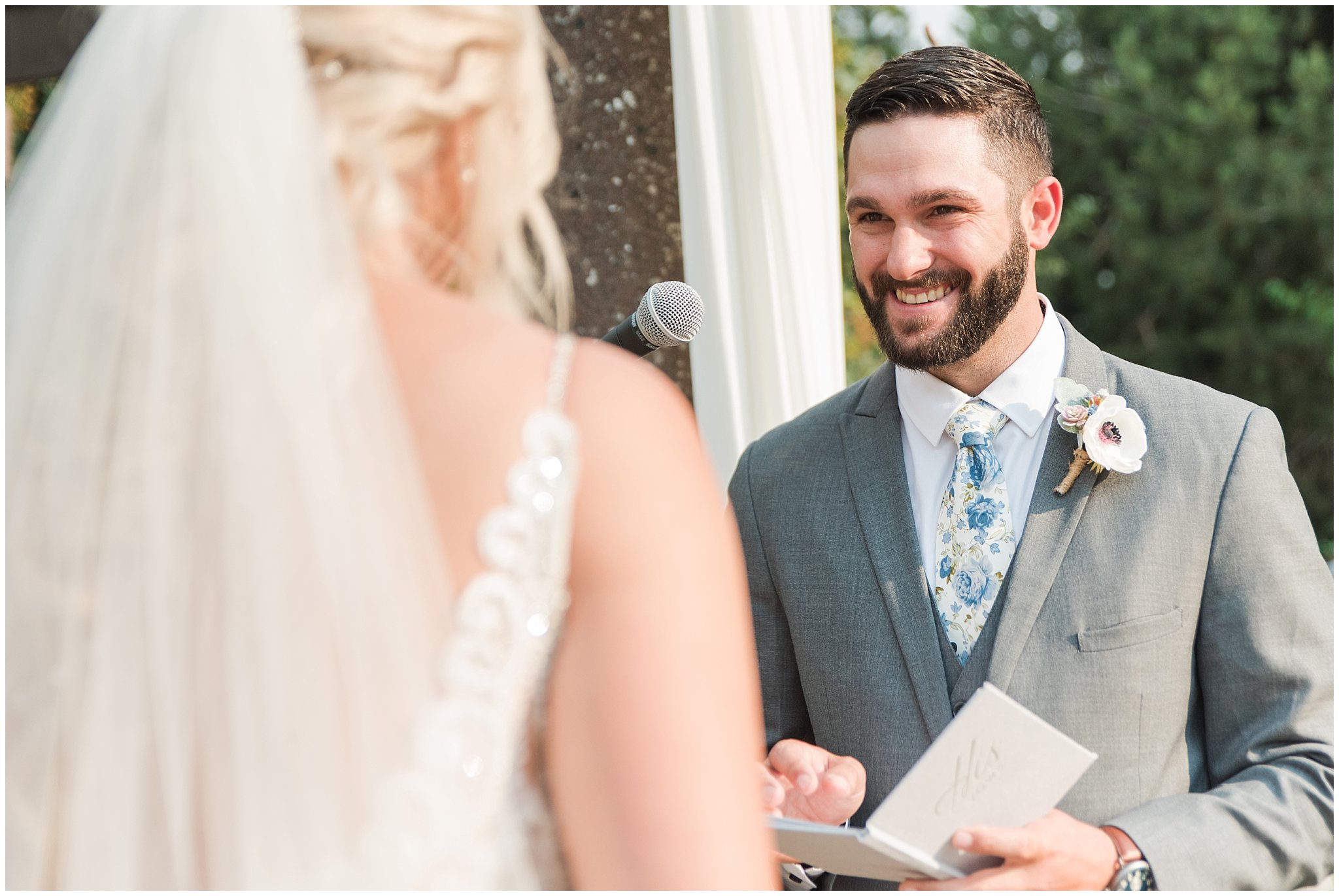 Bride and groom reading vows to each other | Dusty Blue and Rose Summer Wedding at Oak Hills Utah | Jessie and Dallin Photography