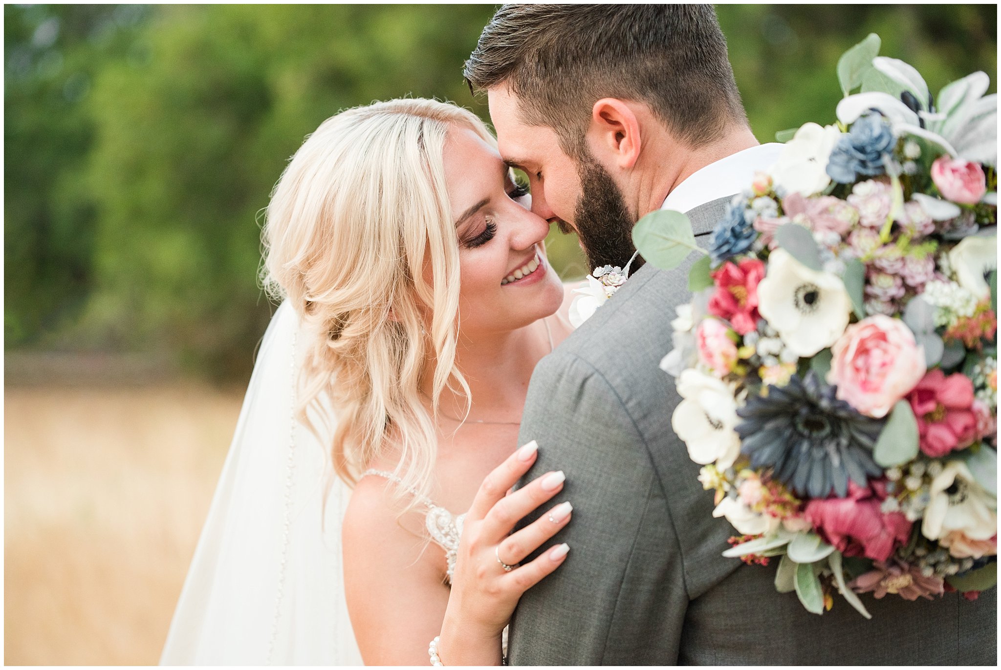 Bride and groom portraits with lace dress and cathedral veil and gray suit with blue floral tie | Dusty Blue and Rose Summer Wedding at Oak Hills Utah | Jessie and Dallin Photography