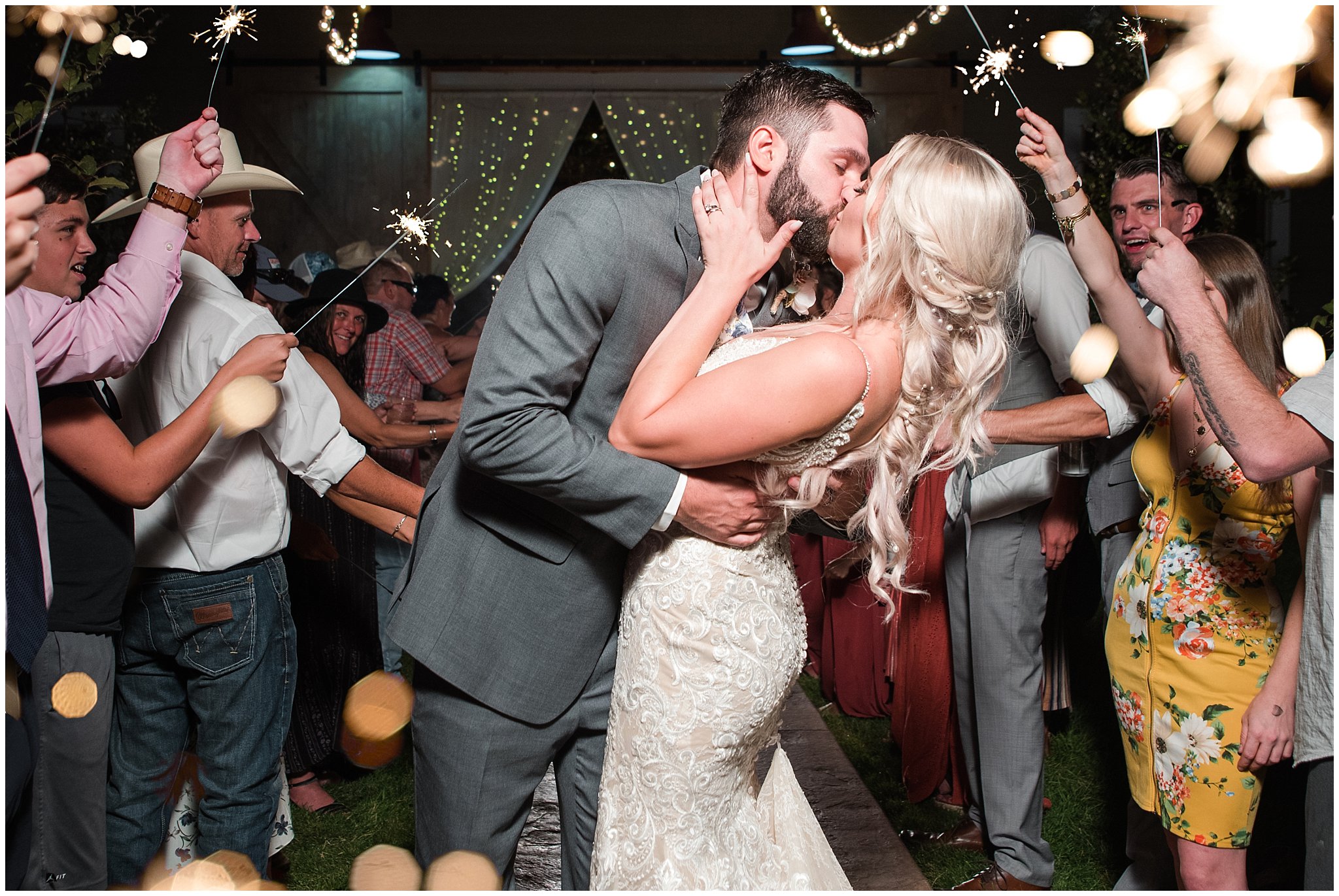 Sparkler Exit sendoff from barn | Dusty Blue and Rose Summer Wedding at Oak Hills Utah | Jessie and Dallin Photography