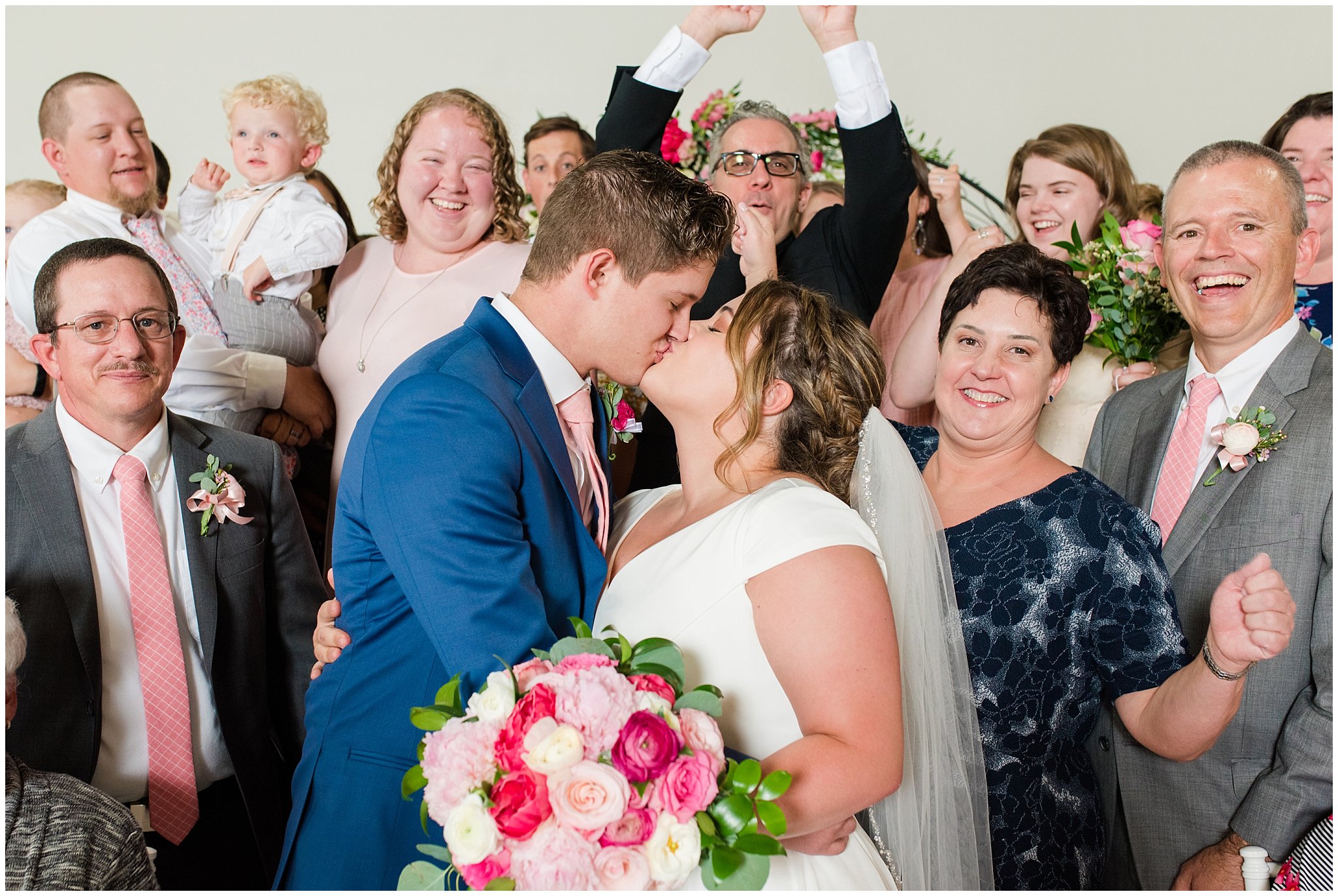 Bride and groom with guests | Talia Event Center Summer Wedding | Jessie and Dallin Photography