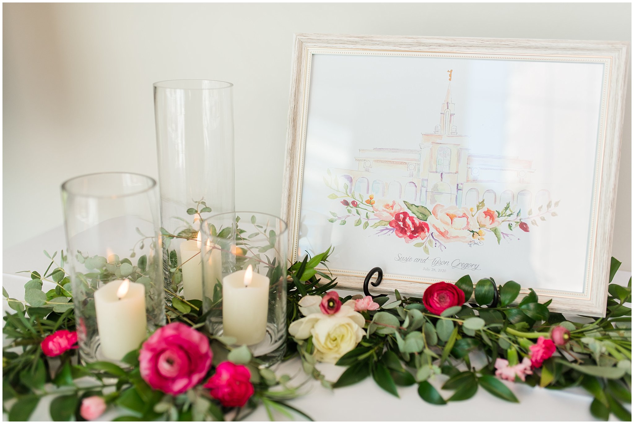 Hand drawn picture of Bountiful Temple surrounded by florals and candles | Talia Event Center Summer Wedding | Jessie and Dallin Photography