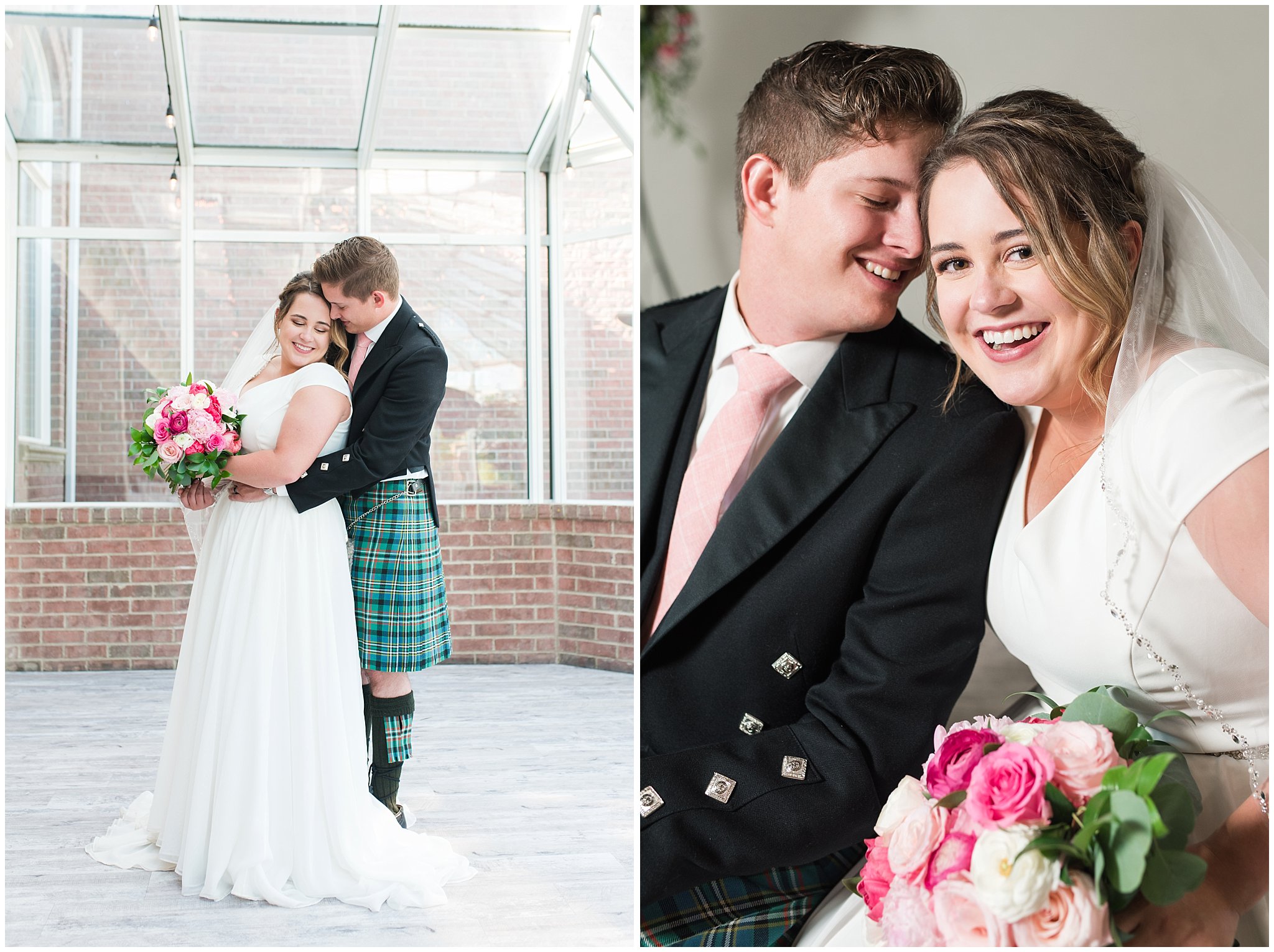 Bride and Groom in front of floral arch in shades of pink wearing flowy dress and highland attire with kilt | Talia Event Center Summer Wedding | Jessie and Dallin Photography