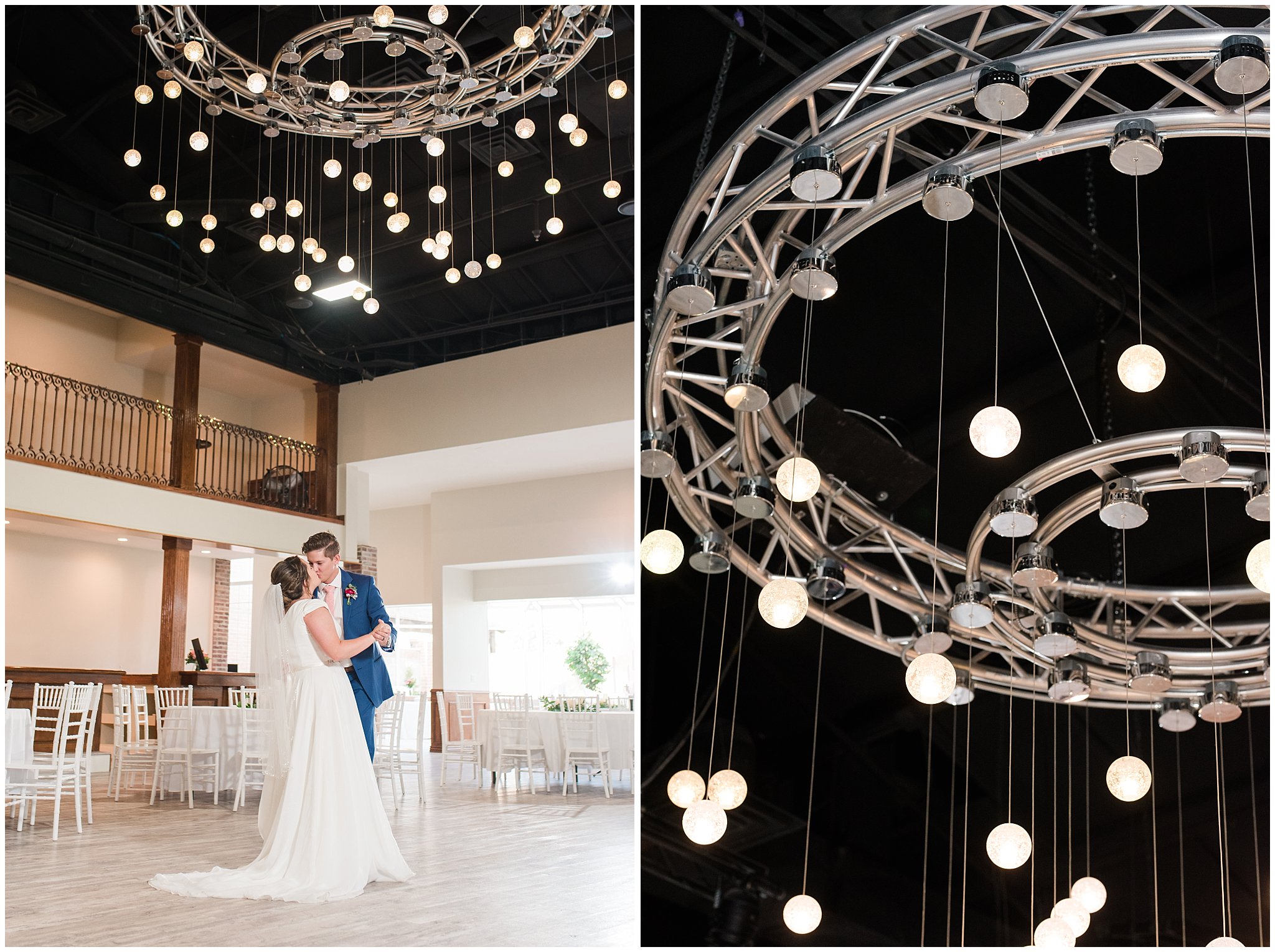 Bride and groom dance until large chandelier in flowy dress and cornish blue suit | Talia Event Center Summer Wedding | Jessie and Dallin Photography