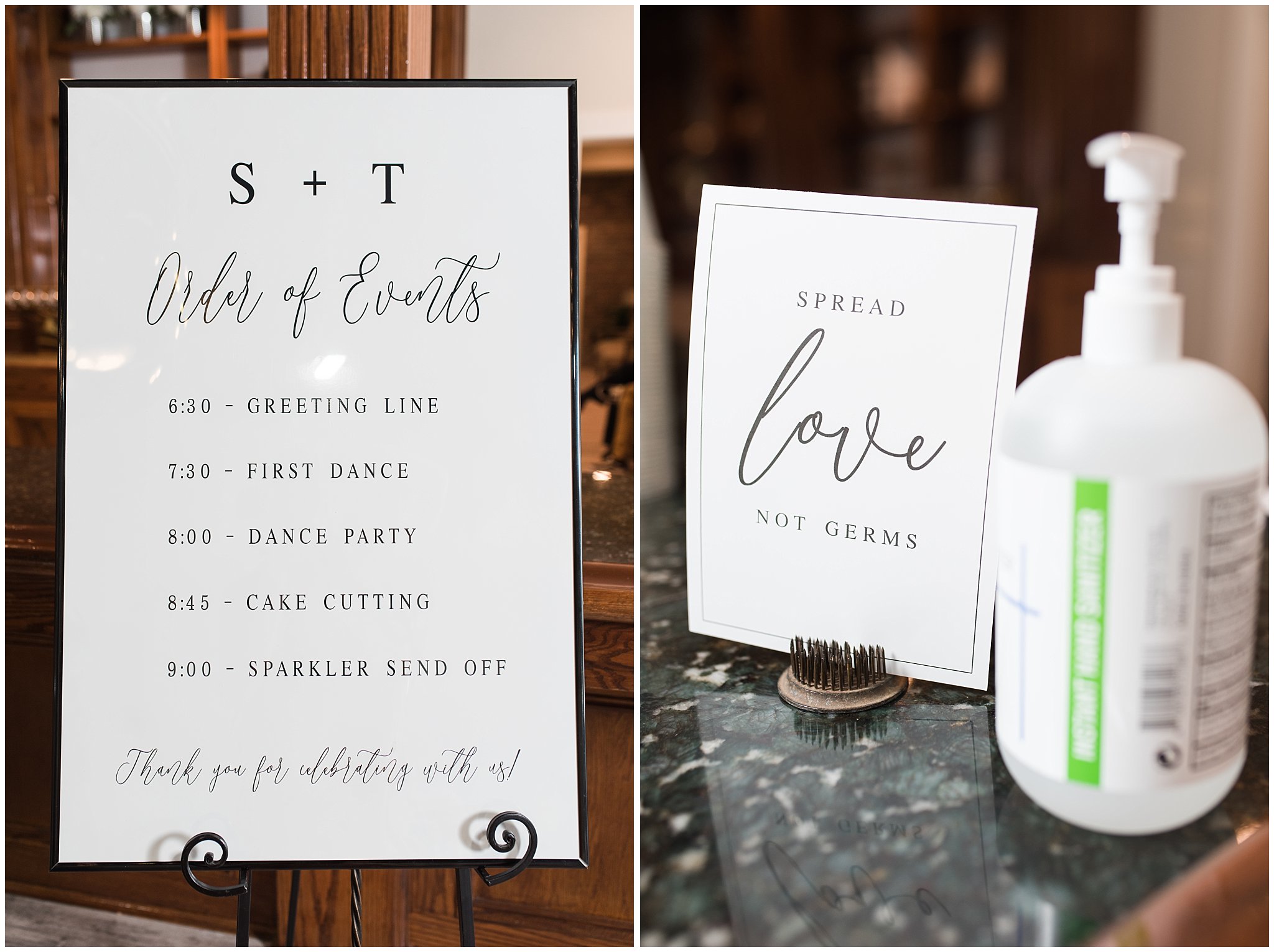 Wedding schedule sign and decor with hand sanitizer | Talia Event Center Summer Wedding | Jessie and Dallin Photography