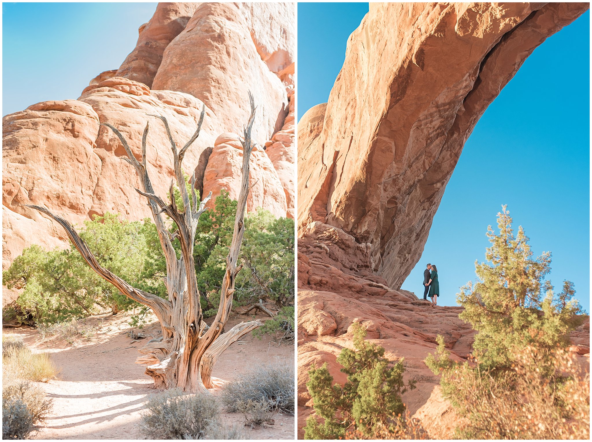 Couple dressed in green dress and grey and blue suit with bowtie for adventure engagement session at Arches National Park and Dead Horse Point Engagement | Jessie and Dallin Photography